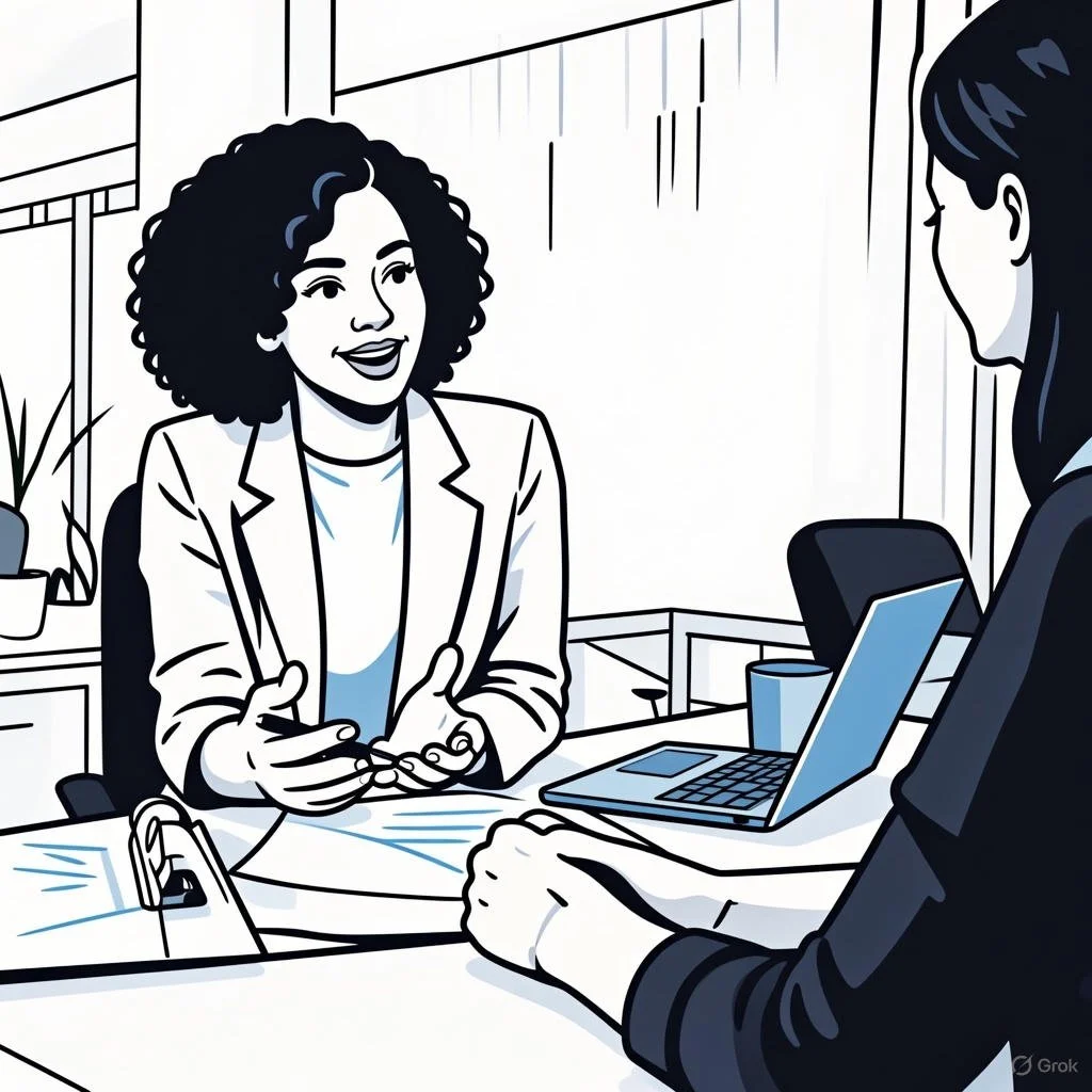 Two women are having a conversation in an office. One woman is sitting on one side of the desk, smiling and talking, while the other woman is seated on the opposite side, with a laptop open on the desk.