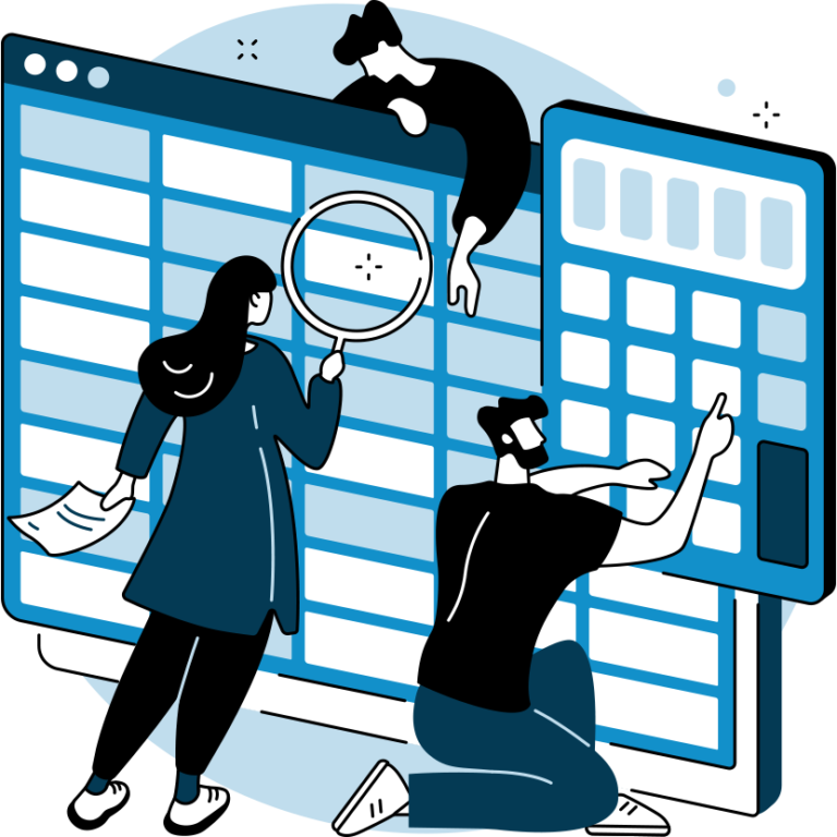 Illustration of three people working with large spreadsheets or databases on computer screens; one person is holding a magnifying glass, another is pointing at the screen, and the third is sitting on the floor.