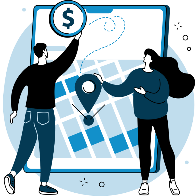 Illustration of two people interacting with a large smartphone displaying a map, location pin, and a dollar sign, suggesting a financial or map-based app.