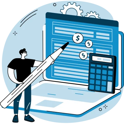 Illustration of a person holding a giant pen, standing next to a large laptop with financial documents, dollar signs, and a calculator on the screen.