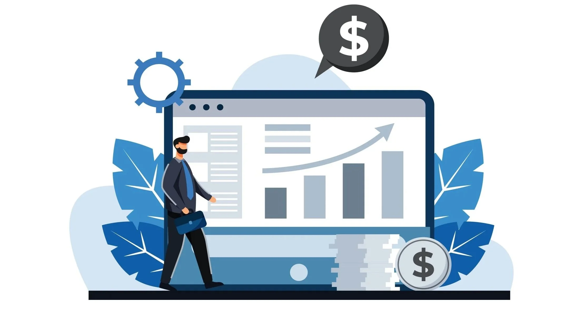 Illustration of a businessman in a suit carrying a briefcase, standing next to a large screen showing a rising bar graph and an upward arrow, with dollar signs, stacks of coins, and blue leaves surrounding.