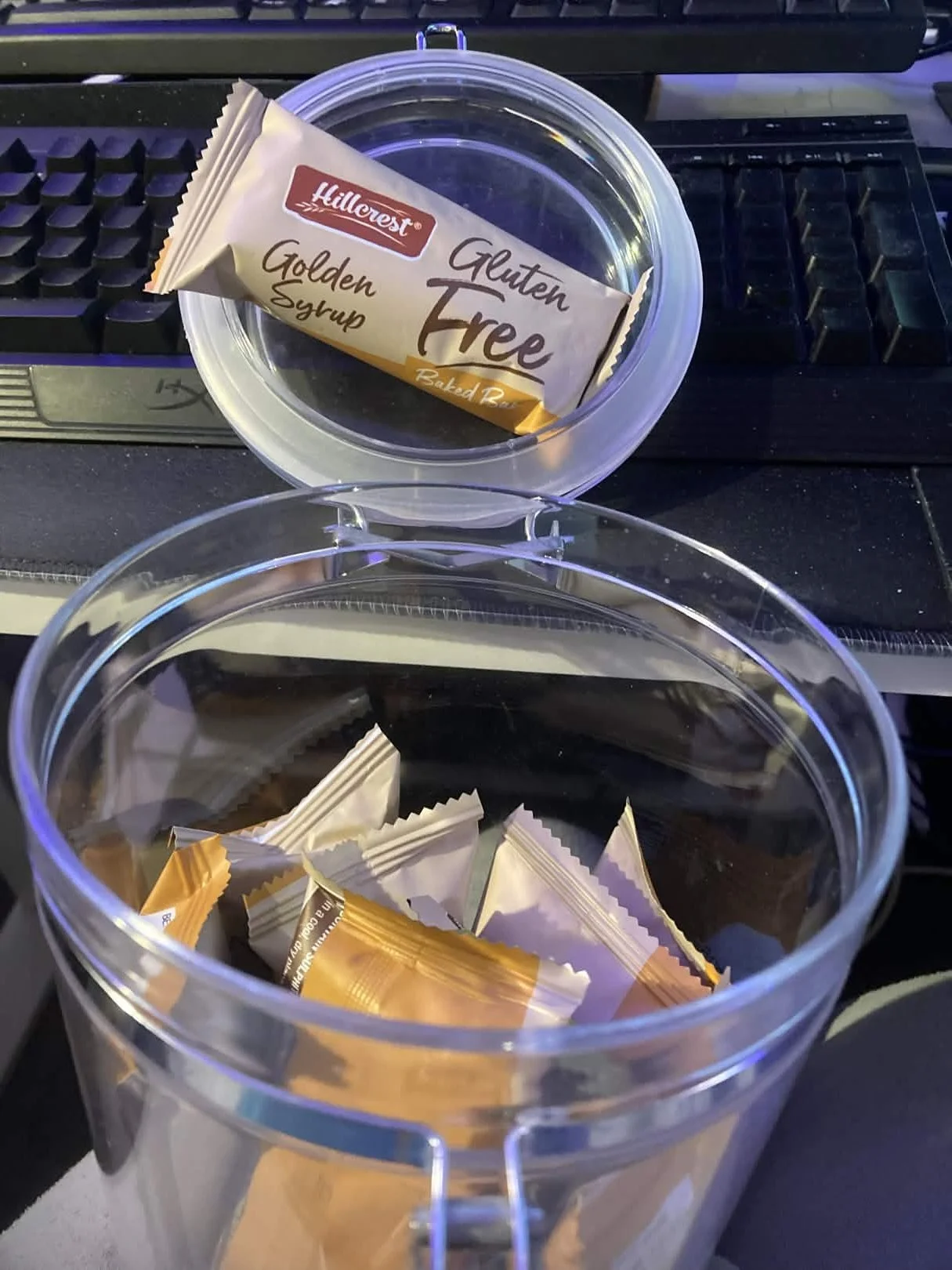 ANY HEALTH BARS OR ONES YOU LIKE TO EAT  .REMEMBER THINK WHERE YOUR GOING TO PLACE THEM ,EASY ACCESS WHILE STREAMING . THIS IS WHERE I STORE MINE NEXT TO MY DESK.