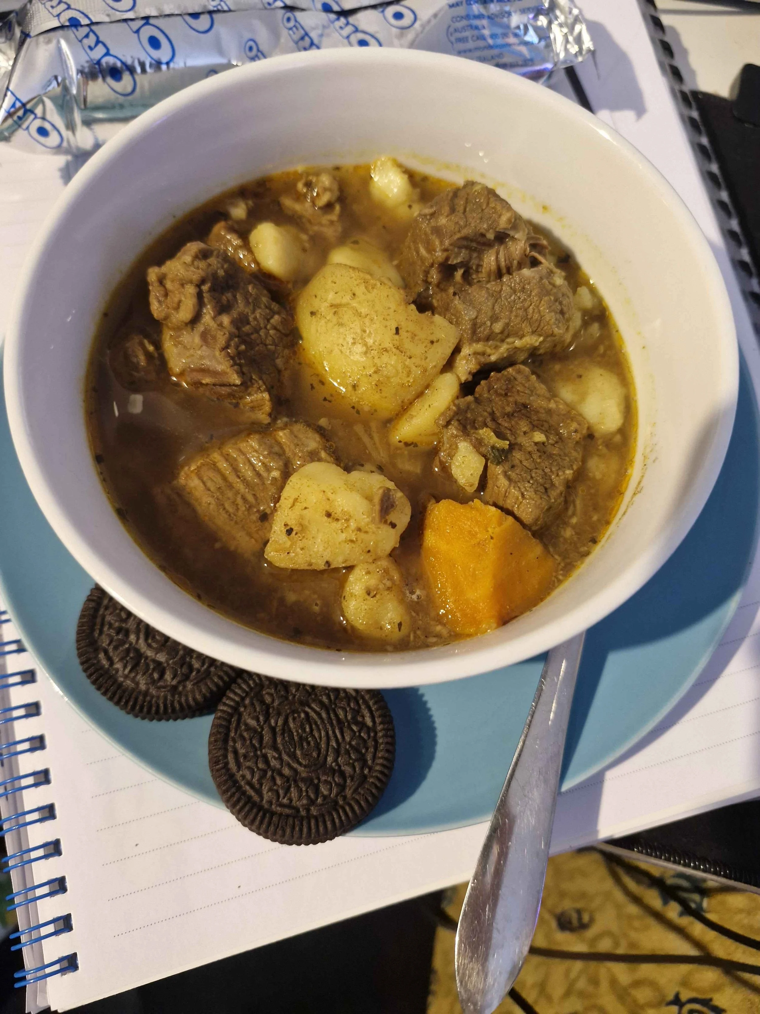 BEEF STEW AND A COUPLE OREOS FOR DESSERT