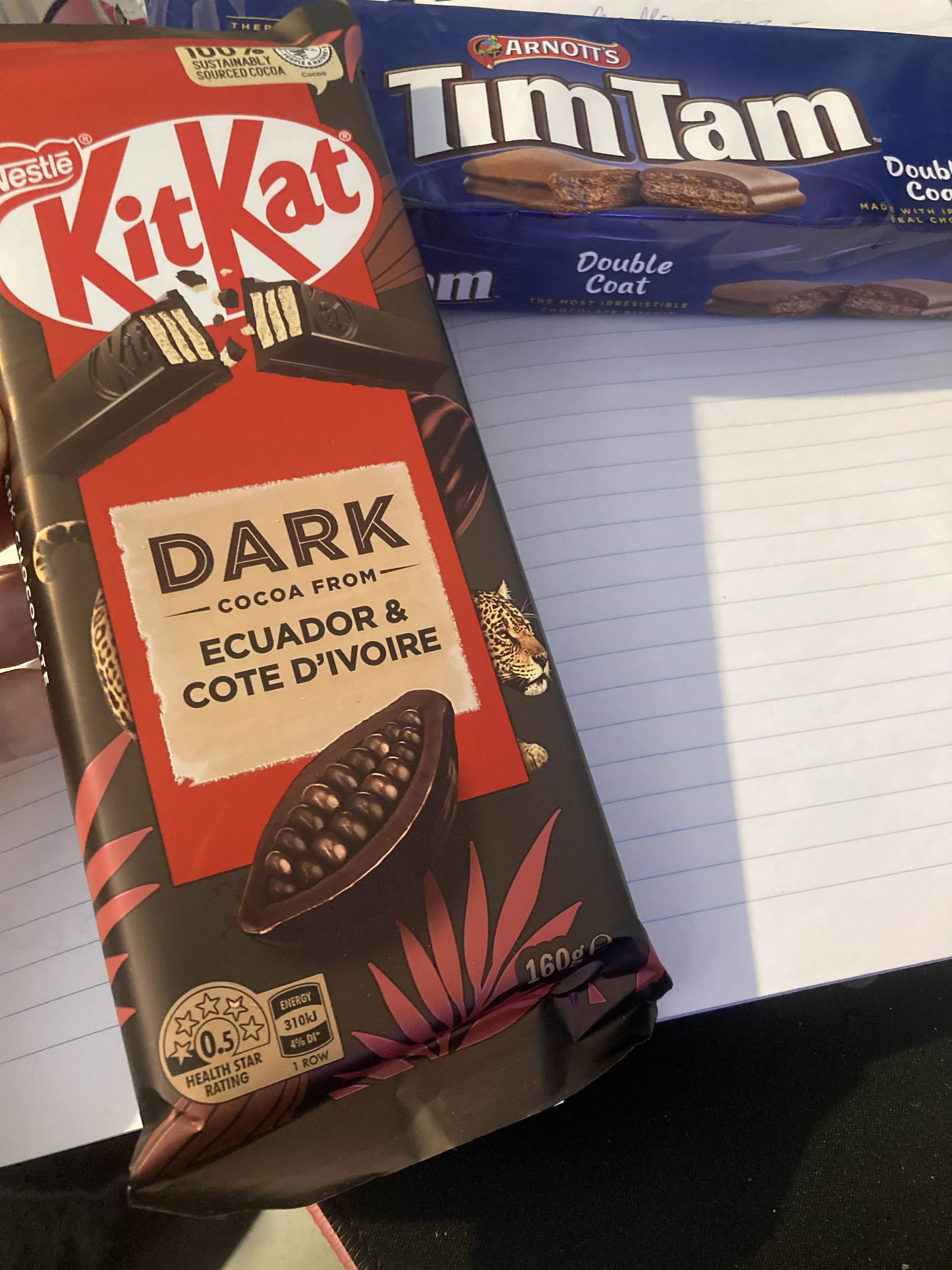 CHOCLATE BAR KITKAT AND A PACK OF DOUBLE COAT TIM TAMS