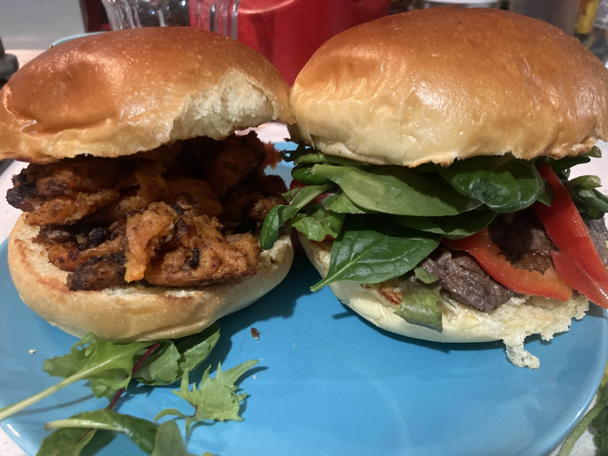 BURGERS A SWEET POTATO BURGER AND BEEF AND SALAD