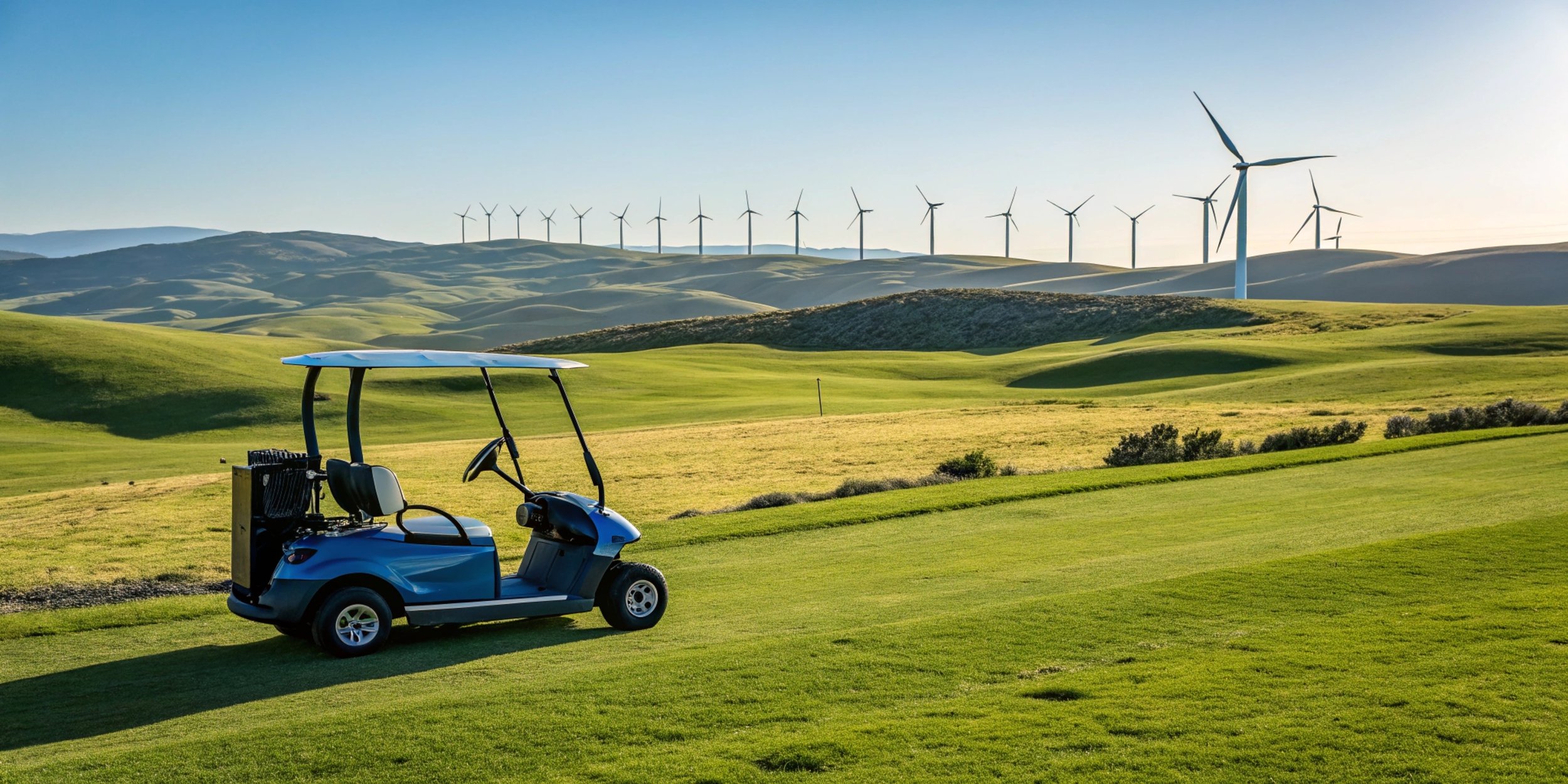 Golf cart on grassy landscape with wind turbines in background under clear blue sky.