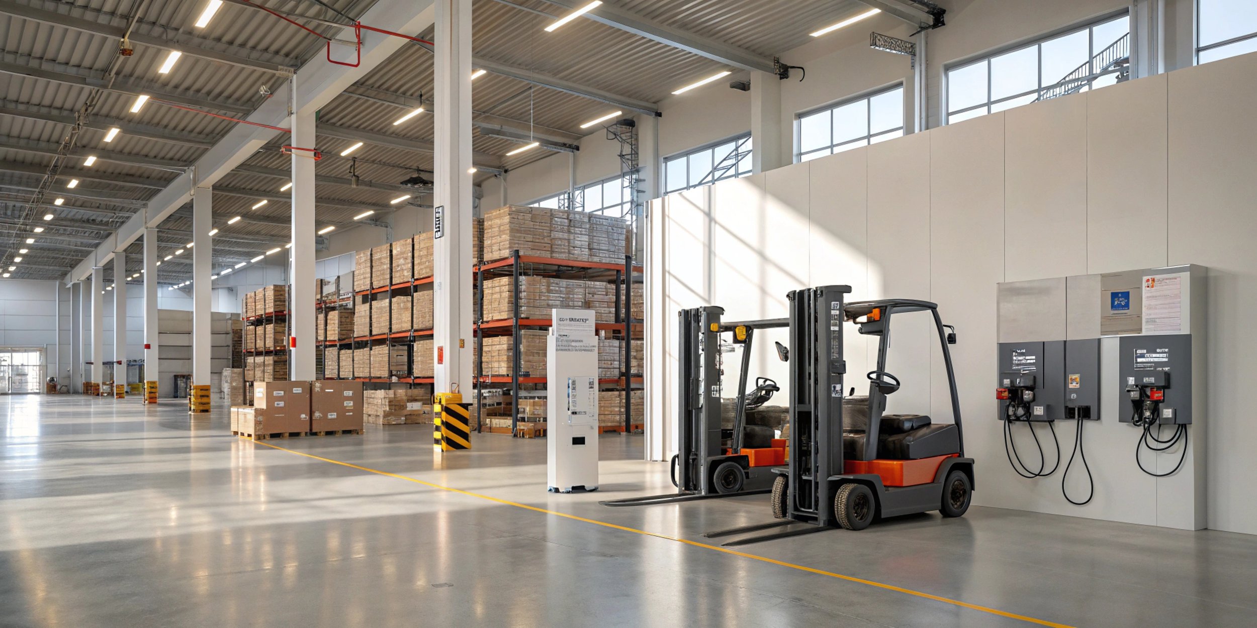 Interior of a large warehouse with stacked boxes on shelves, two forklifts parked by a charging station, and high ceilings with bright lighting.