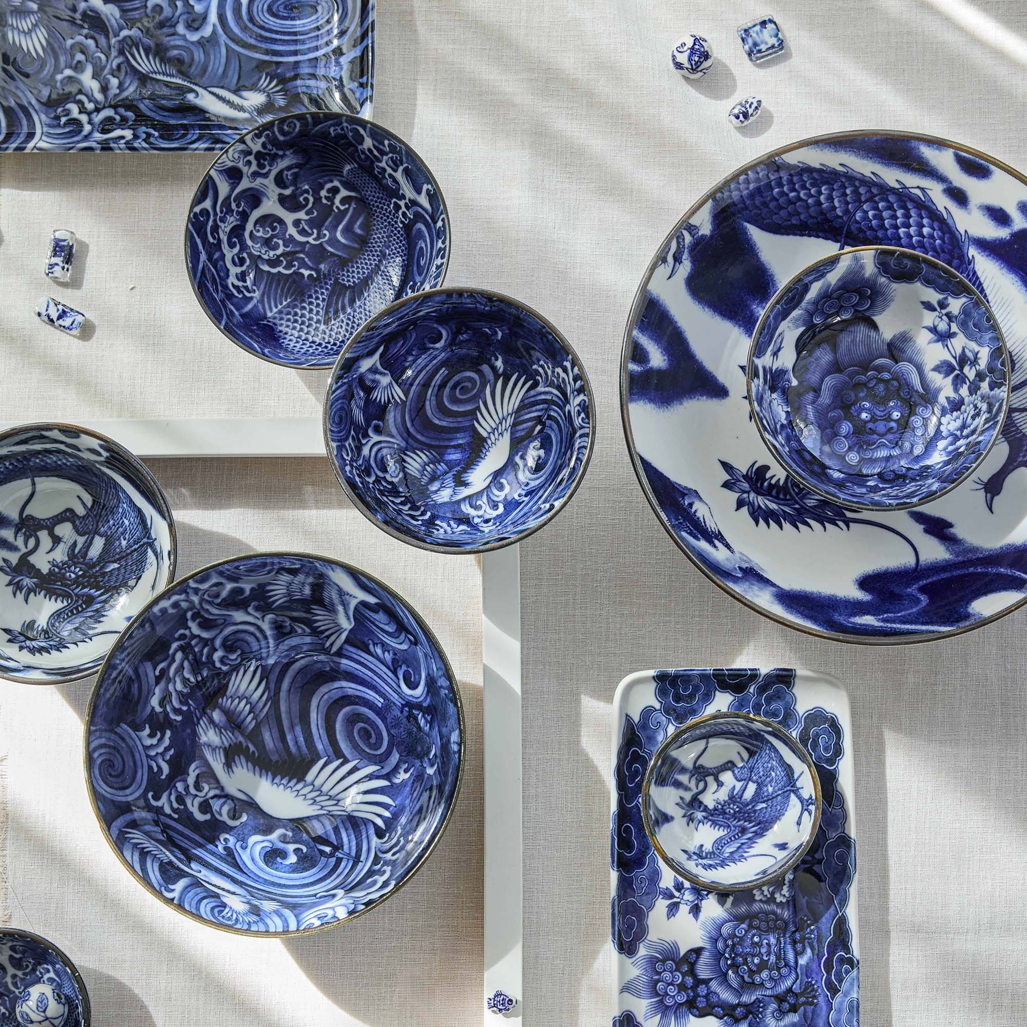 Japanese blue and white ceramic tableware with traditional patterns and contemporary styling