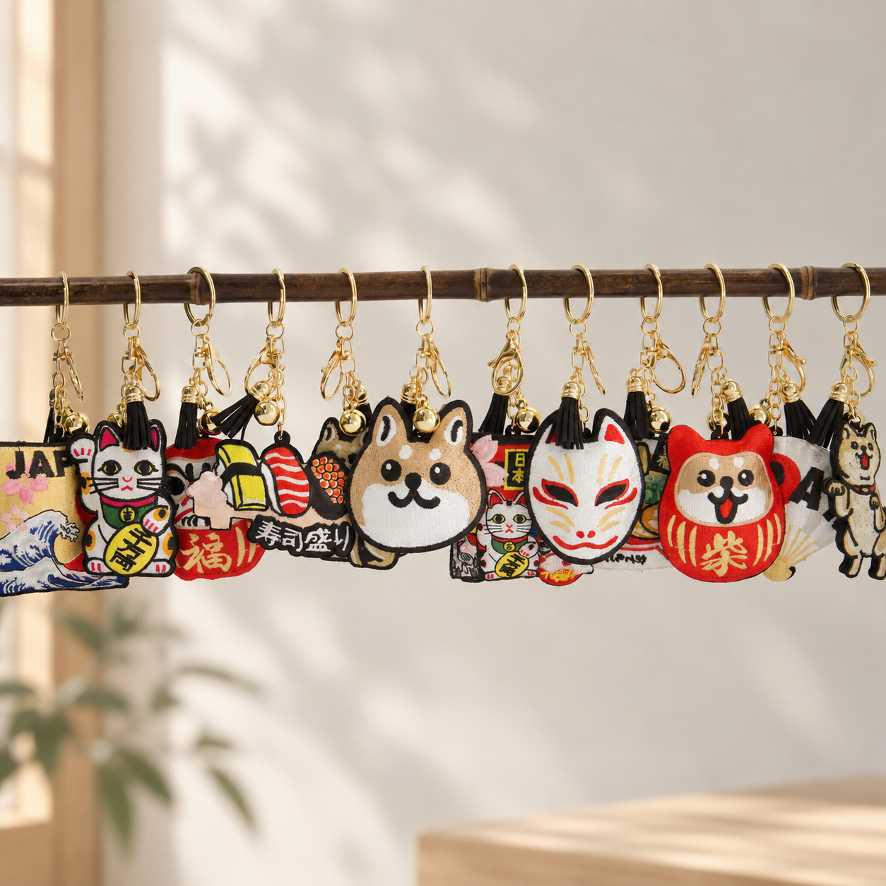 Tokyo design Studio - Japanese keychain collection featuring embroidered lucky cats, Daruma dolls, Shiba Inu and traditional Japanese motifs