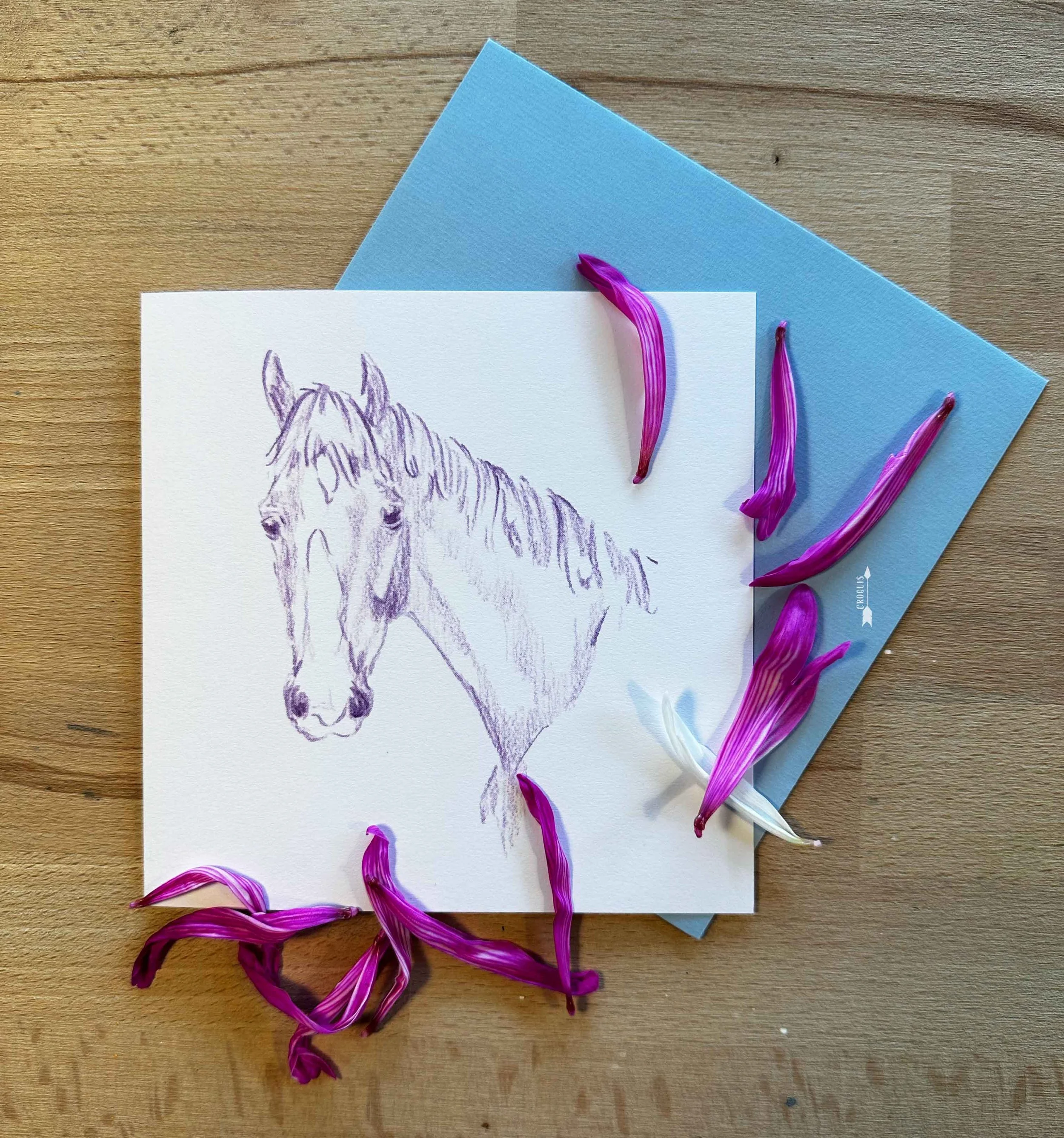 Carte de voeux "Cheval violet" 15x15 cm, avec enveloppe