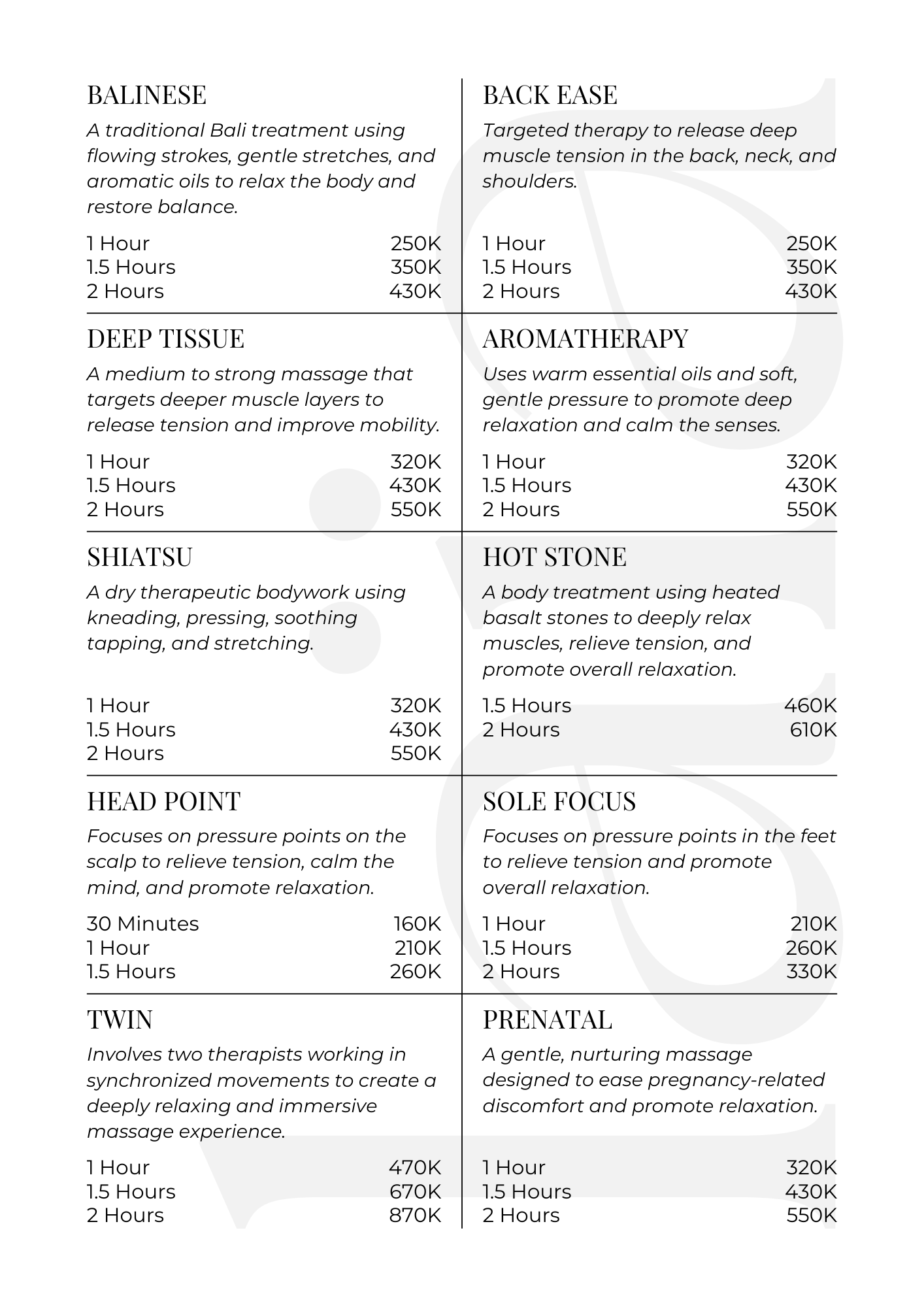 A spa menu listing various massage and body treatment options with descriptions and prices in thousands of dollars.
