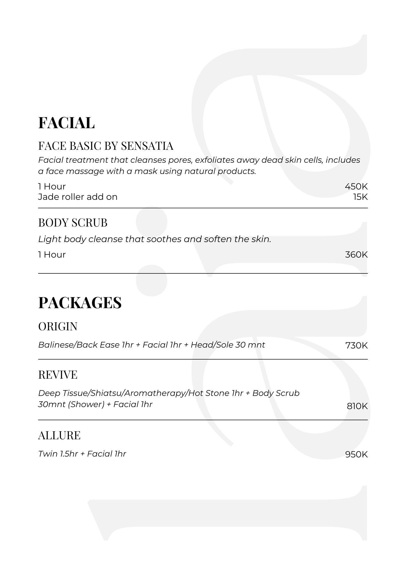 A skincare treatment menu detailing facial, body scrub, massage, and additional packages with descriptions and prices.