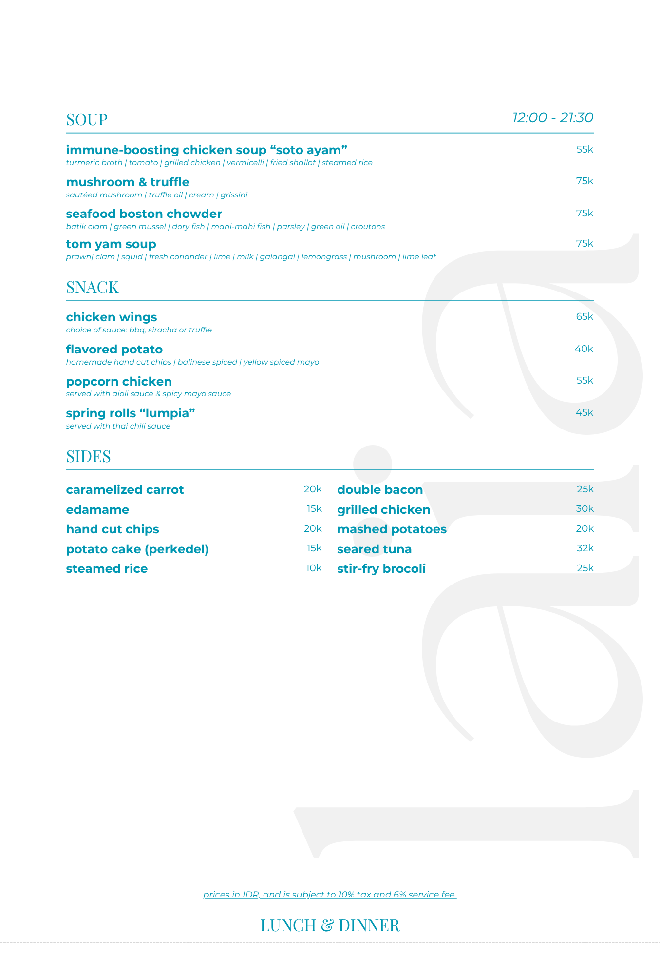 A restaurant menu showing sections for soup, snack, sides, and lunch & dinner with items and prices listed in Indonesian Rupiah.