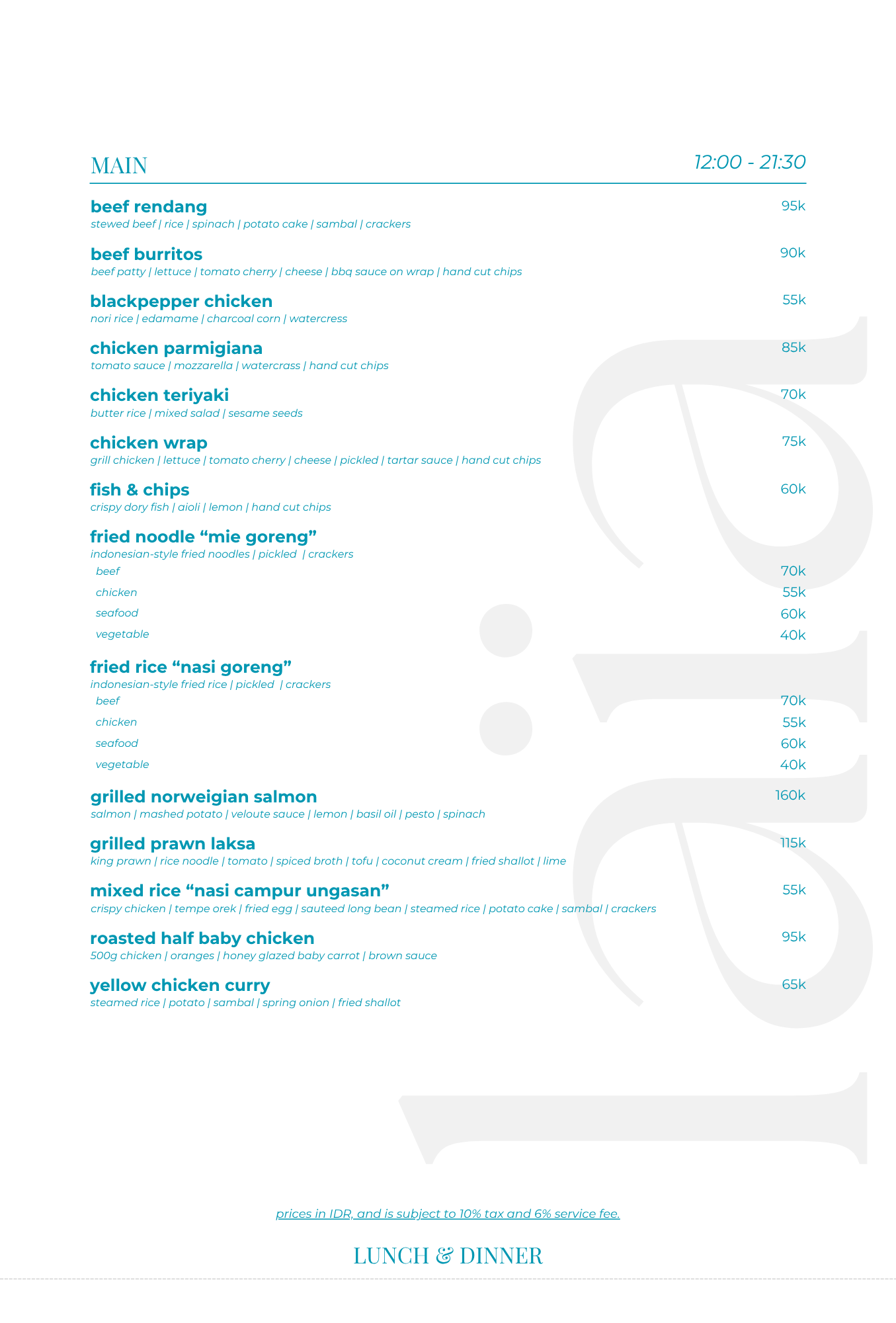 Menu listing Indonesian, Norwegian, Japanese, and other dishes with descriptions and prices.