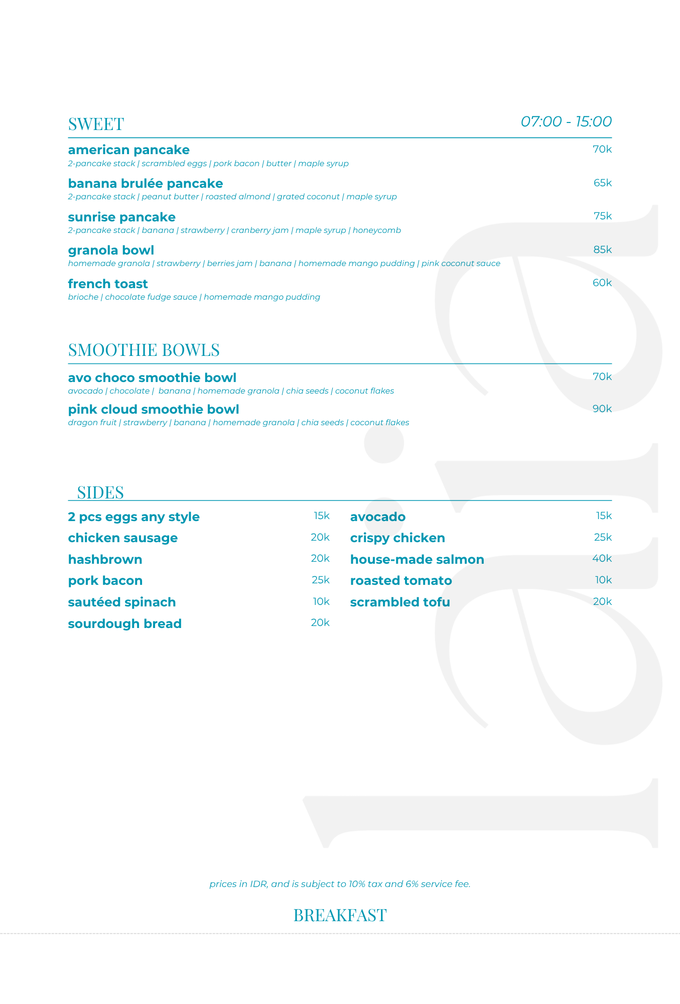Menu displaying breakfast options including pancakes, granola bowls, toast, smoothies, and sides with prices listed in Indonesian Rupiah.