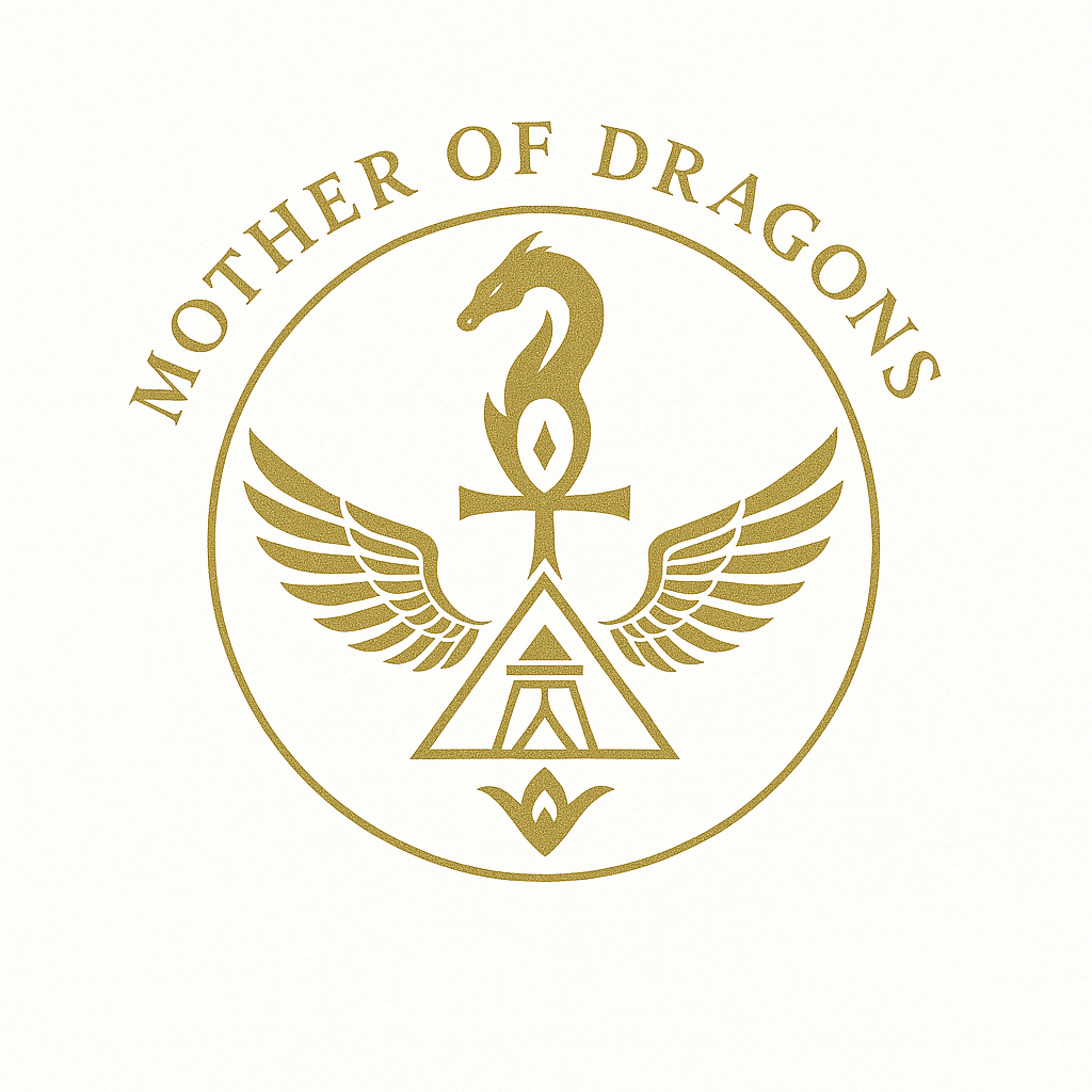 Gold emblem with a dragon, wings, and geometric shapes, encircled by the text 'Mother of Dragons' on a white background.