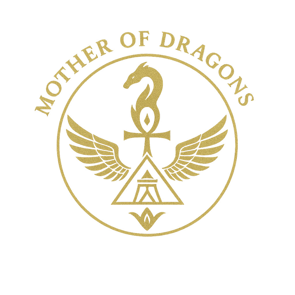 A logo with a golden dragon, wings, and a triangle, along with the text 'Mother of Dragons' on a black background.