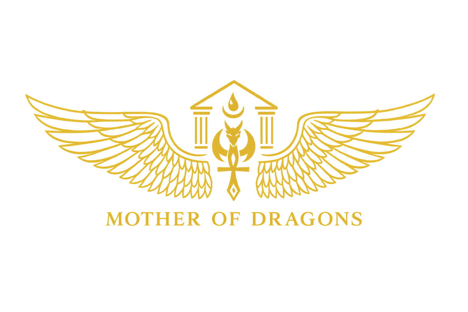 A gold line drawing of wings with a central symbol of a flame, ankh, and a pyramid with a moon above, with the words 'Mother of Dragons' below in gold.