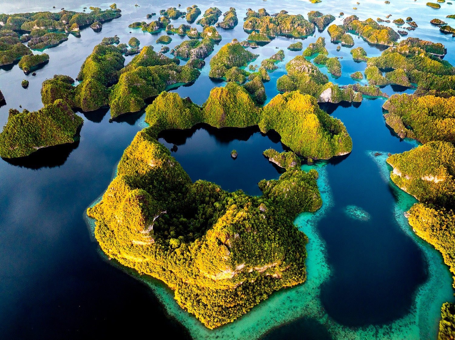 Aerial view of Raja Ampat, lush green islands surrounded by clear blue water in a tropical setting.
