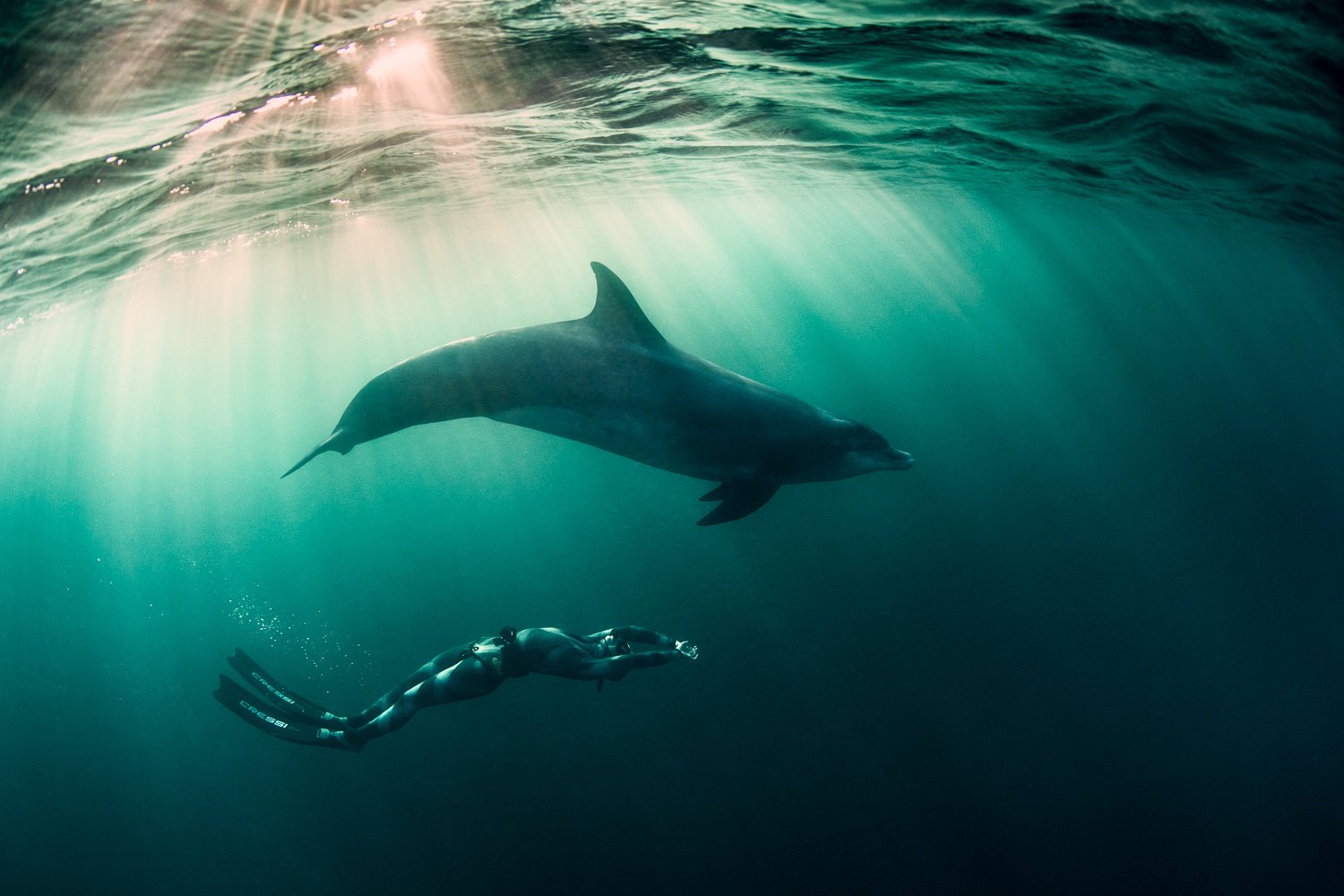 Wide-angle underwater image of a free diver and bottlenose dolphin gliding together through emerald Atlantic water, sunbeams cascading from the surface above Ireland’s west coast.