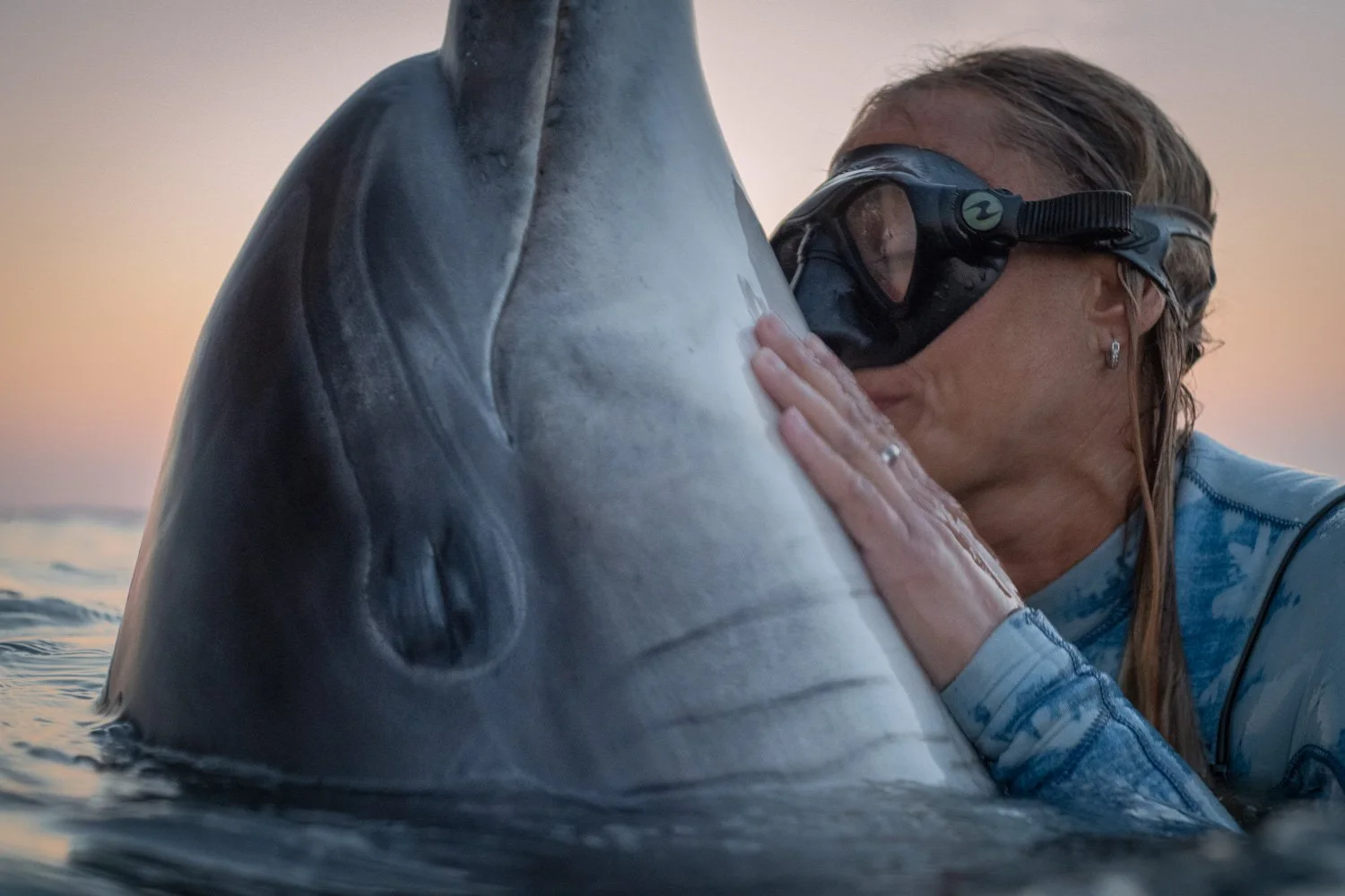 Surface-level capture of a dolphin and free diver sharing intimate moment of connection as the sun sets over Ireland’s west coast