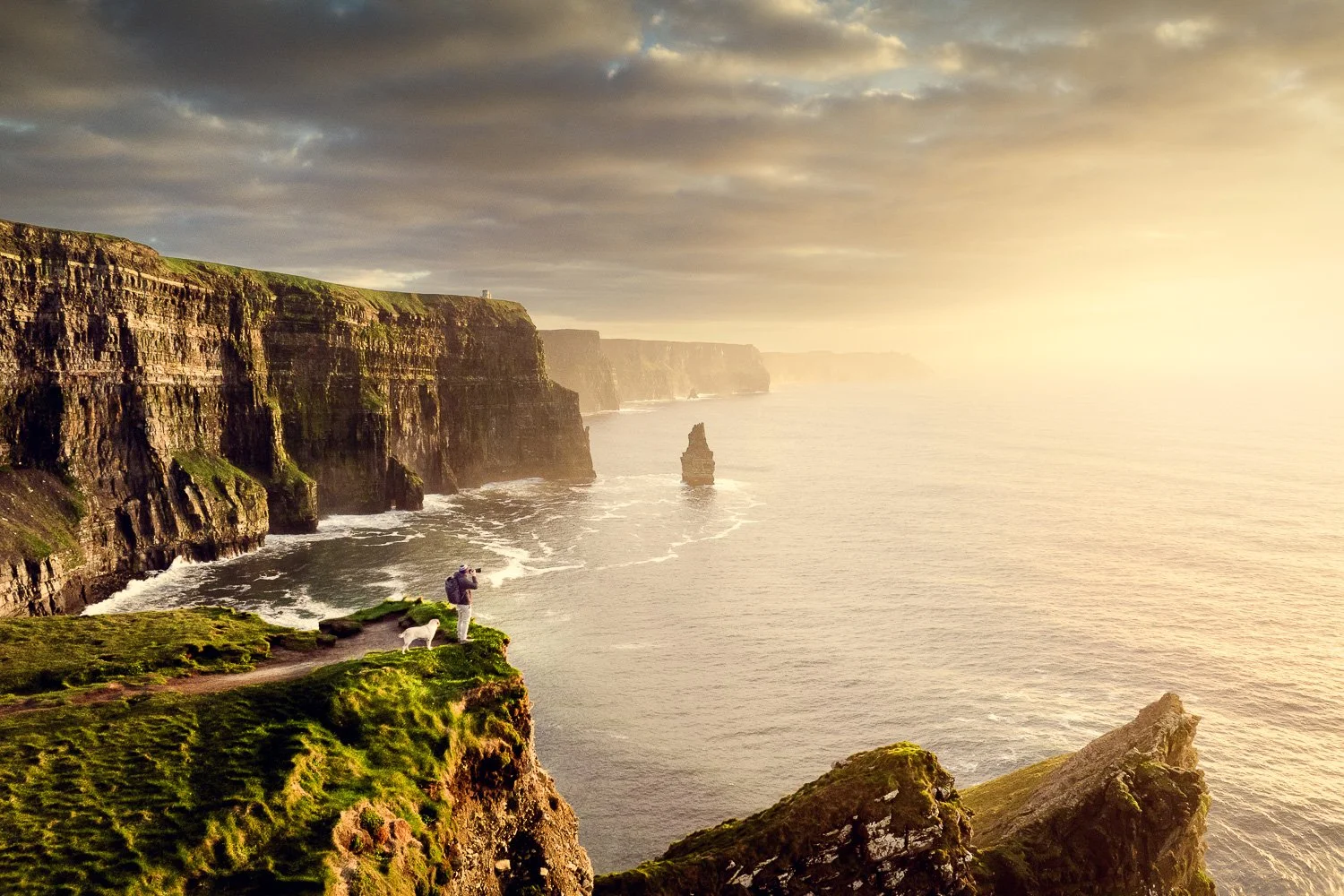 Cliffs of Moher in Ireland at sunset with George Karbus photographing and a dog on a grassy ledge overlooking the ocean.