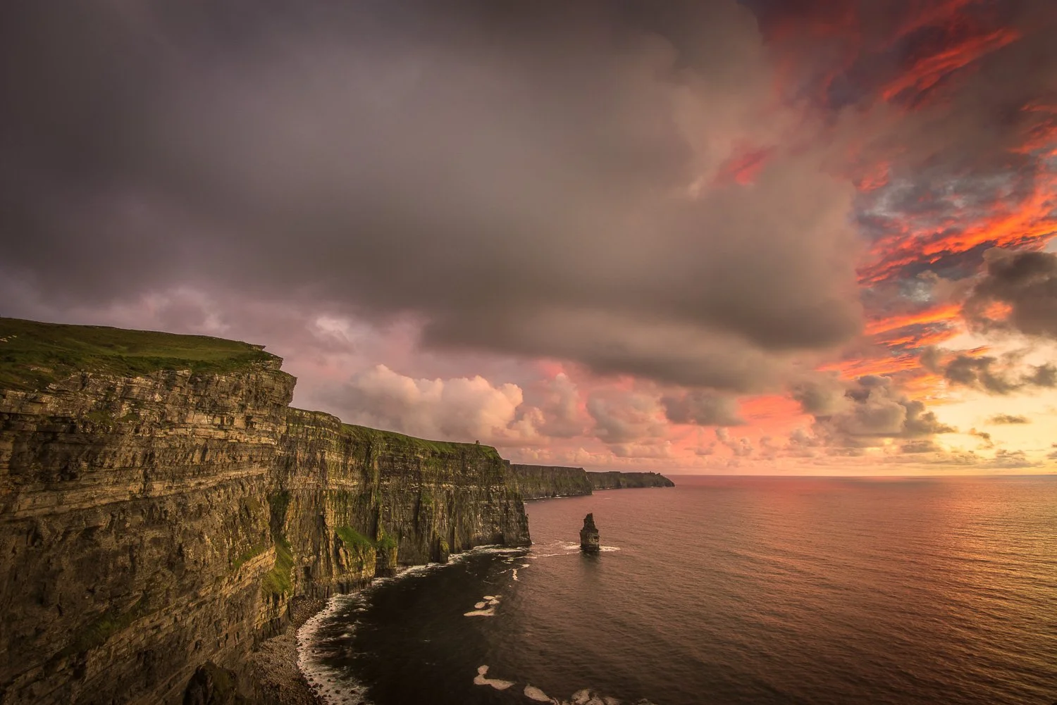 Cliffs of Moher along the coastline at sunset with a cloudy sky and a large rock formation in the water.