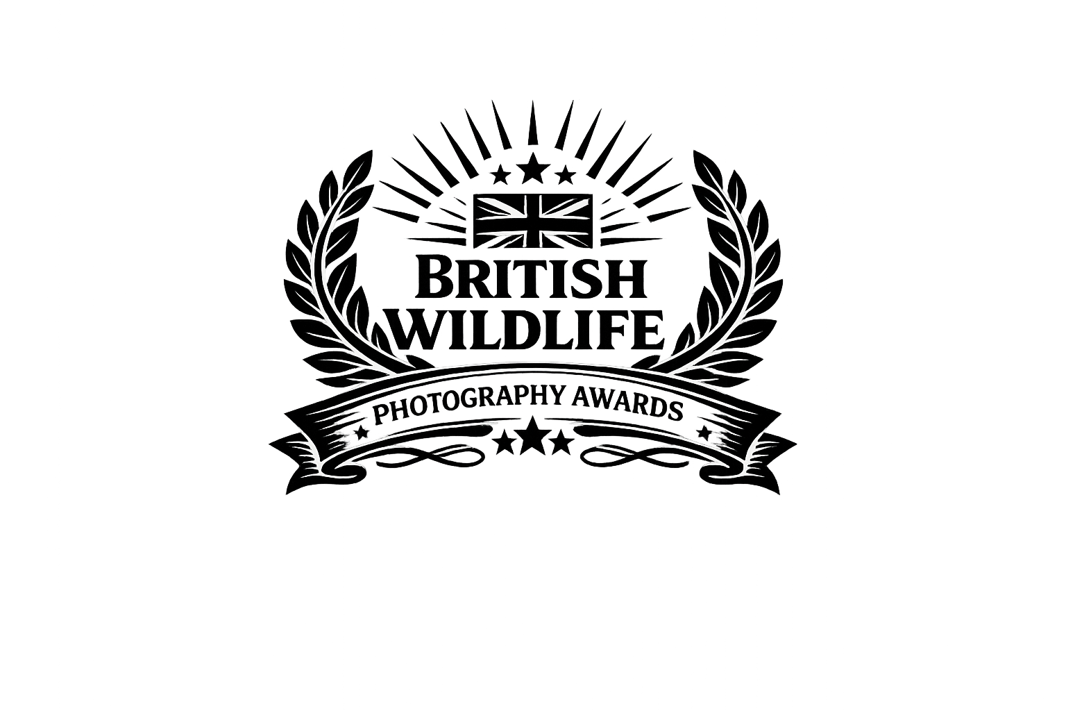 A logo for the British Wildlife Photography Awards featuring a stylized laurel wreath, a Union Jack flag at the top, and a banner with the words "Photography Awards".
