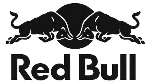 A stylized black and white logo featuring two bulls facing each other with a circle in the background, and the words 'Red Bull' below.