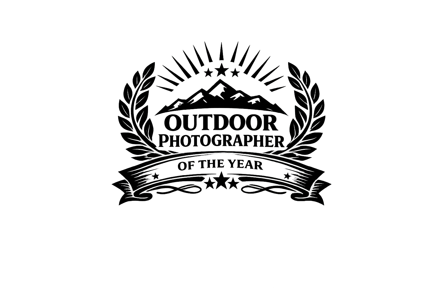 An award badge with a laurel wreath, stars, mountains, and a ribbon that reads "Photographer of the Year".