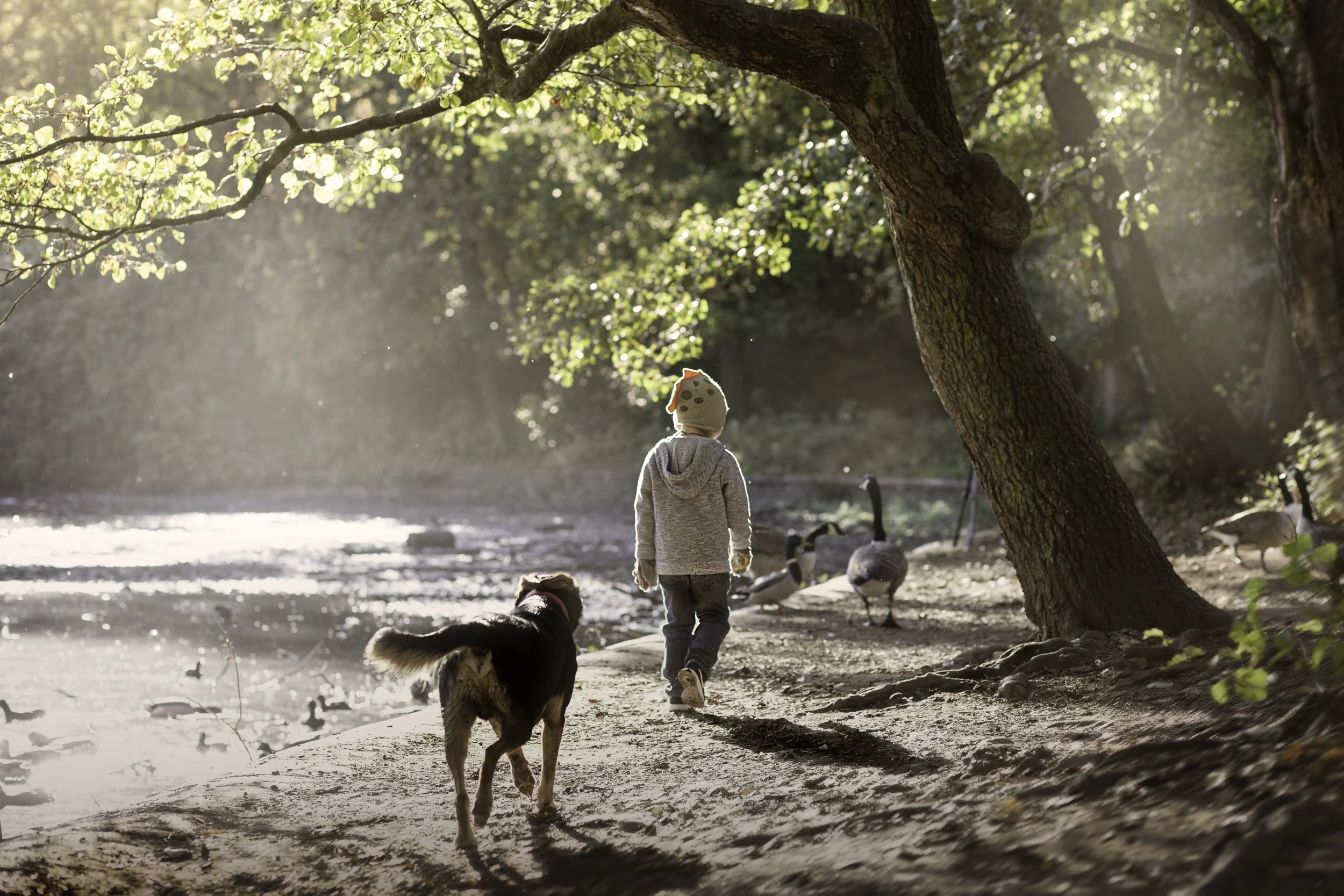 Young boy walking by a lake with his dog following behind him 