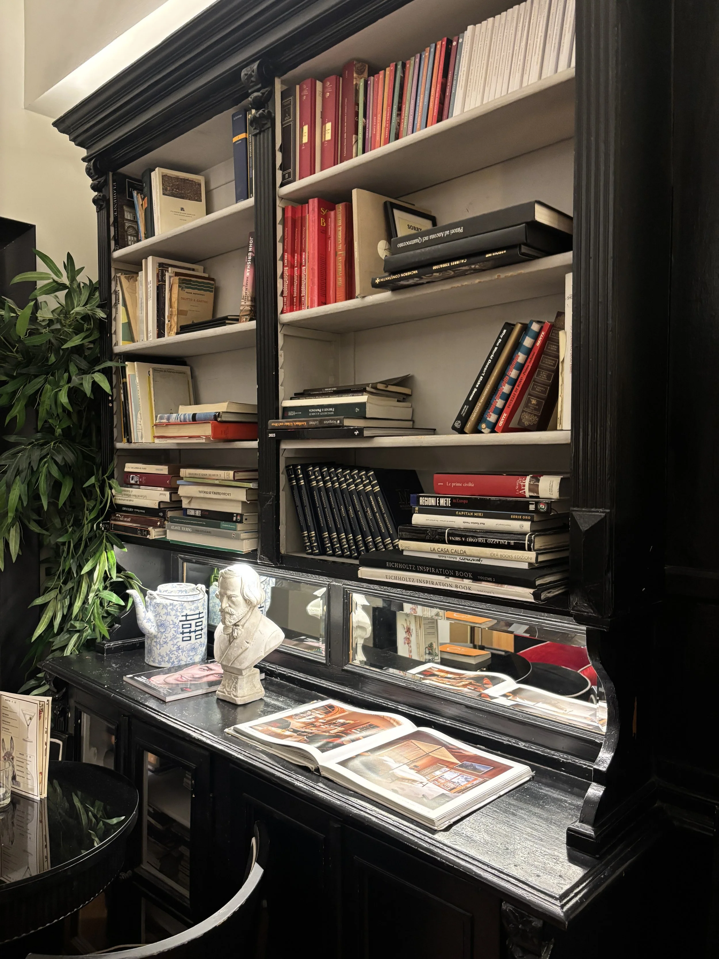 Une bibliothèque en bois noire contenant de nombreux livres, une plante verte à gauche, un miroir ou une vitrine avec des objets en dessous, dont une tête de statue, une porcelaine bleue et blanche et plusieurs magazines ouverts.