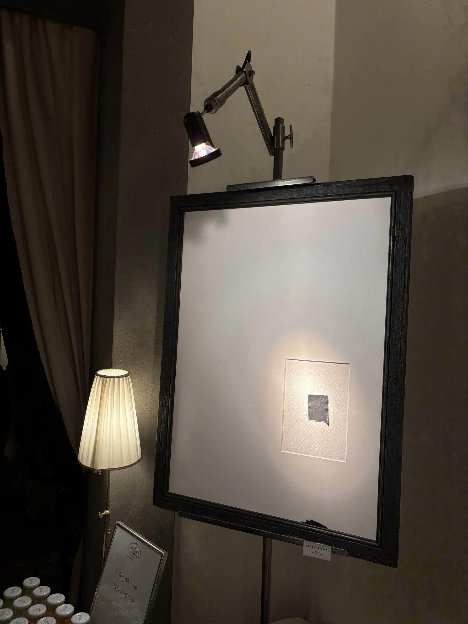 Second Skin fragment by Maria Koval, Zecchi pigment on raw canvas, in a wide white mat and black frame, at Cellai Boutique Hotel, Florence, Italy