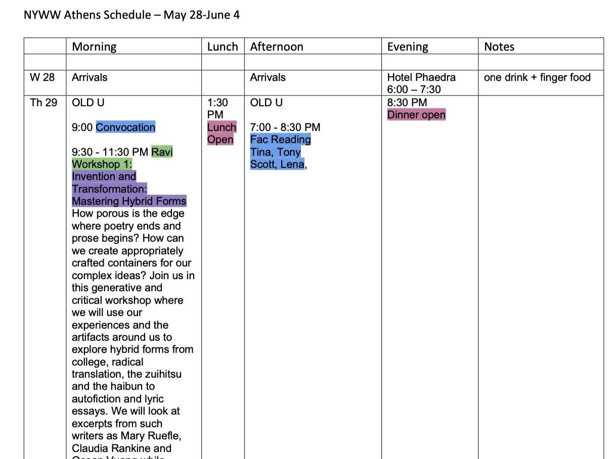 A schedule for NYWW Athens from May 28 to June 4. It includes details for Wednesday, May 28, with arrivals in the morning and afternoon, and an evening event at Hotel Phaedra from 6:00 to 7:30 with drinks and finger food. On Thursday, May 29, the morning has a convocation at 9:00 and a workshop from 9:30-11:30 AM. Lunch is open at 1:30 PM. The afternoon includes a faculty reading from 7:00-8:30 PM, and dinner is open at 8:30 PM.