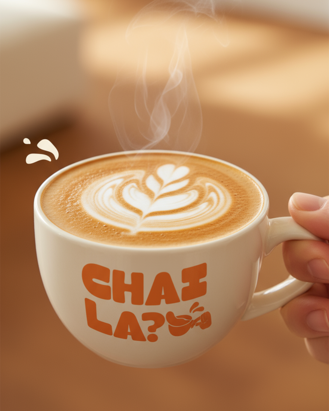 Close-up latte cup with bold CHAI LA logo branding