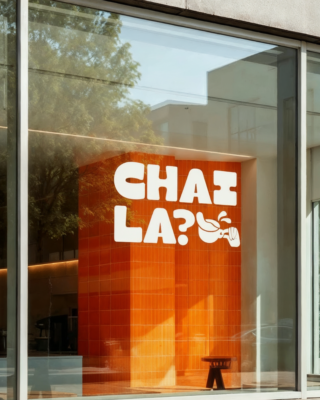 CHAI LA modern chai cafe window branding with bold orange typography