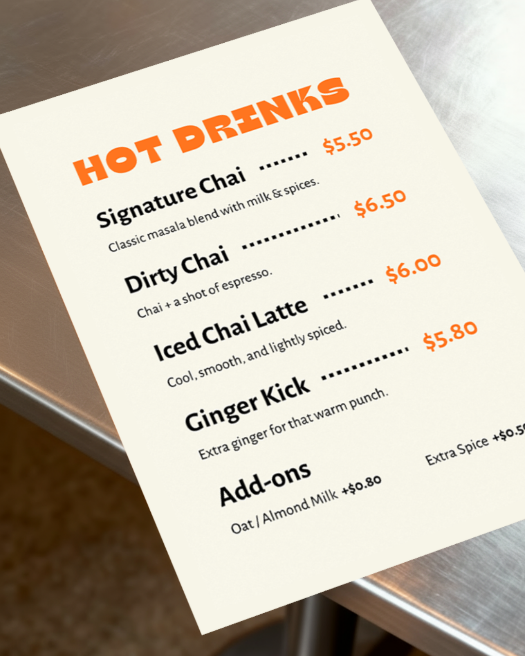 Clean hot drinks menu typography for specialty chai cafe