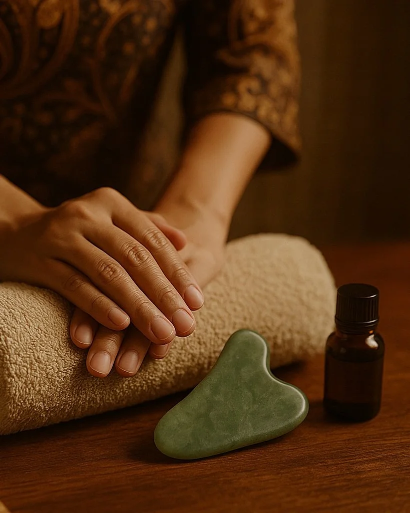 Hands resting on a rolled towel next to a green jade gua sha stone and a small amber glass bottle, on a wooden table.