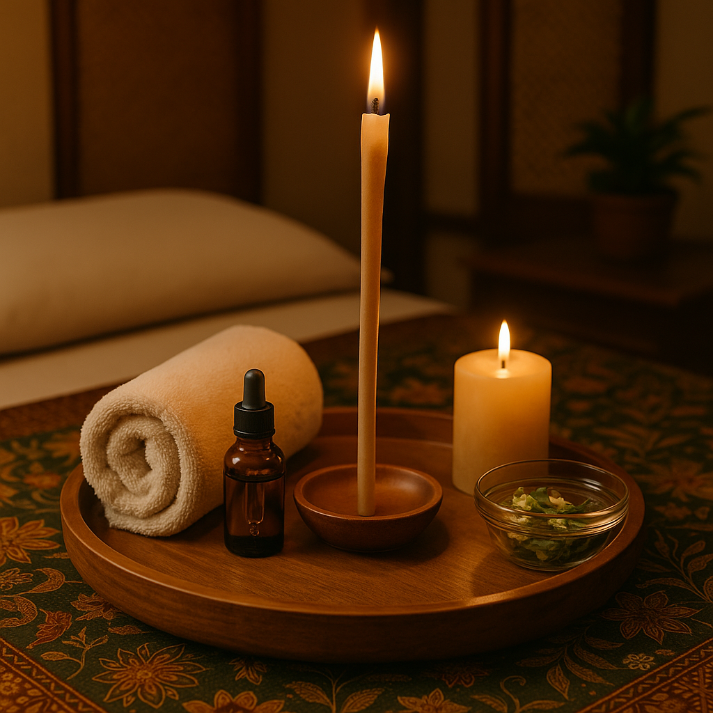 Spa setting with candle, rolled towel, essential oil bottle, and glass bowl on wooden tray