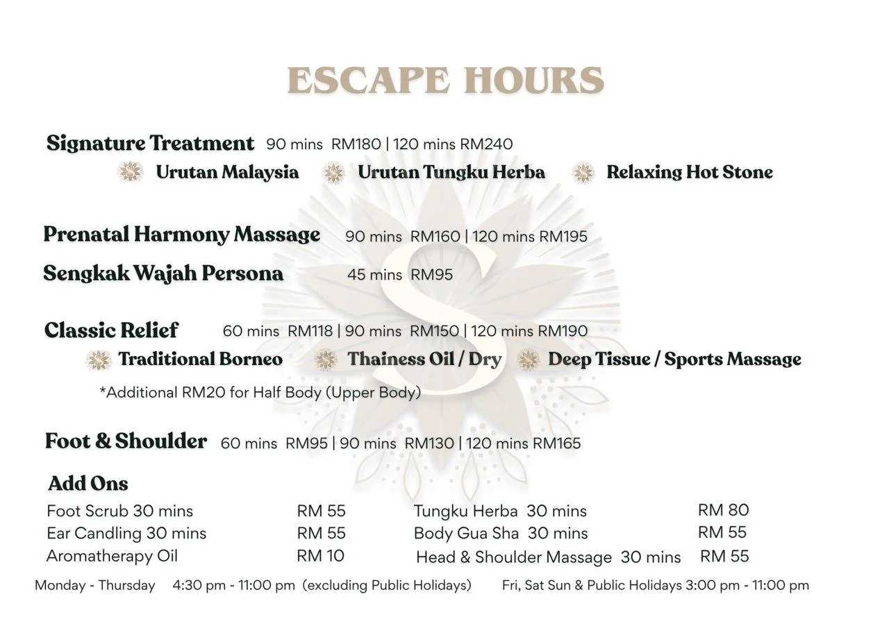 Spa menu titled 'Escape Hours' listing various massage and treatment options with durations and prices, including signature, prenatal, face, classic relief, foot and shoulder massages, and additional add-ons.