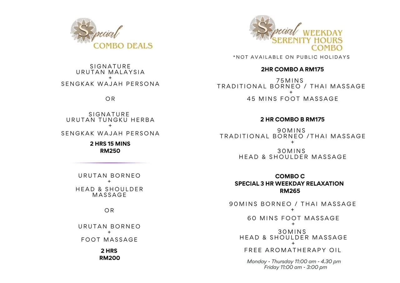 A flyer for spa offers featuring combo deals and weekday serenity hours, including various massage packages, prices, and timings.