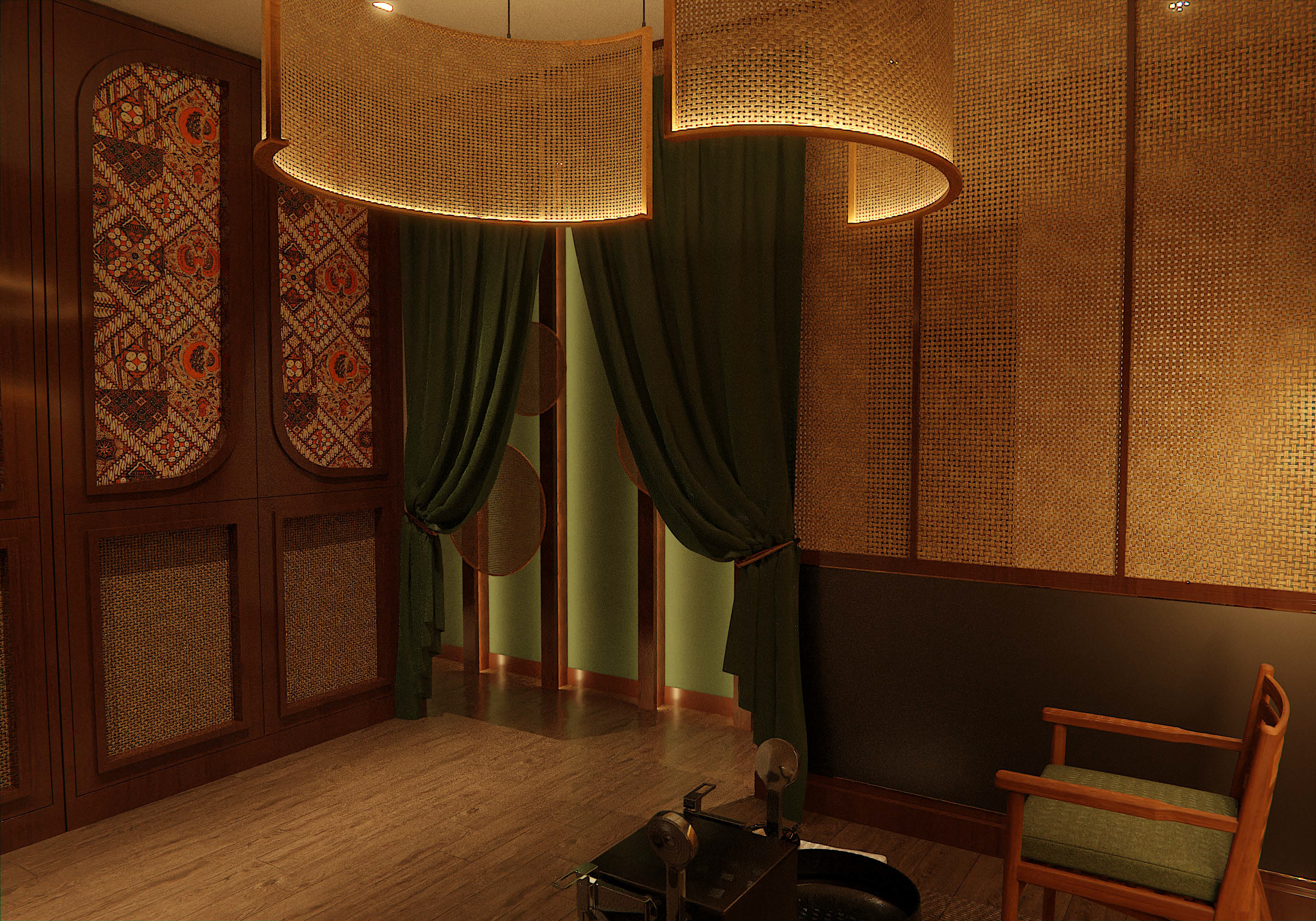 Warm, cozy spa room with green curtains, decorative partitions, wooden chair, and ambient lighting.