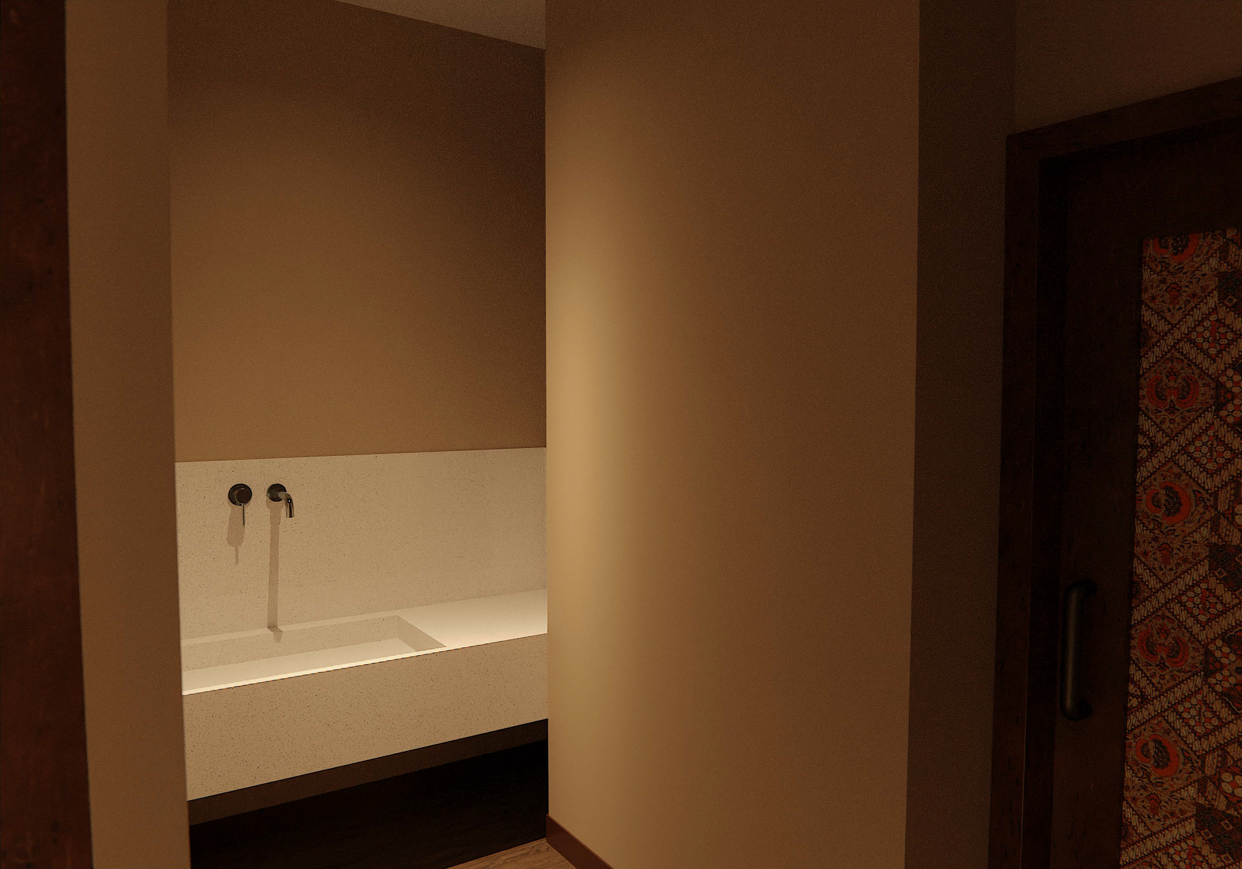 Interior of a bathroom with a wall-mounted sink and faucet, beige walls, and wooden elements.