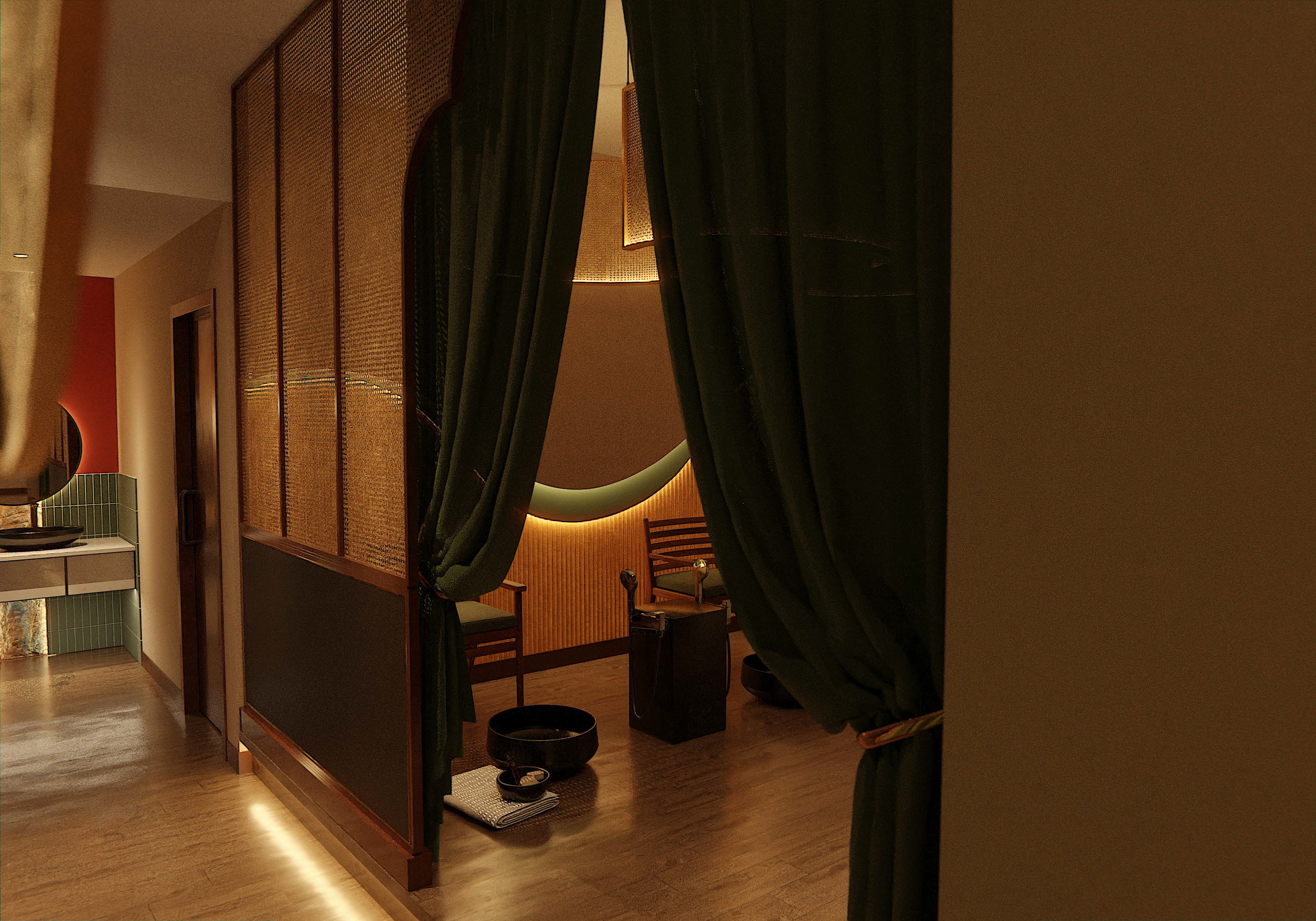 Interior of a dimly lit spa with green curtains, wooden chairs, and a massage area. Features include ambient lighting and a wash basin in the background.