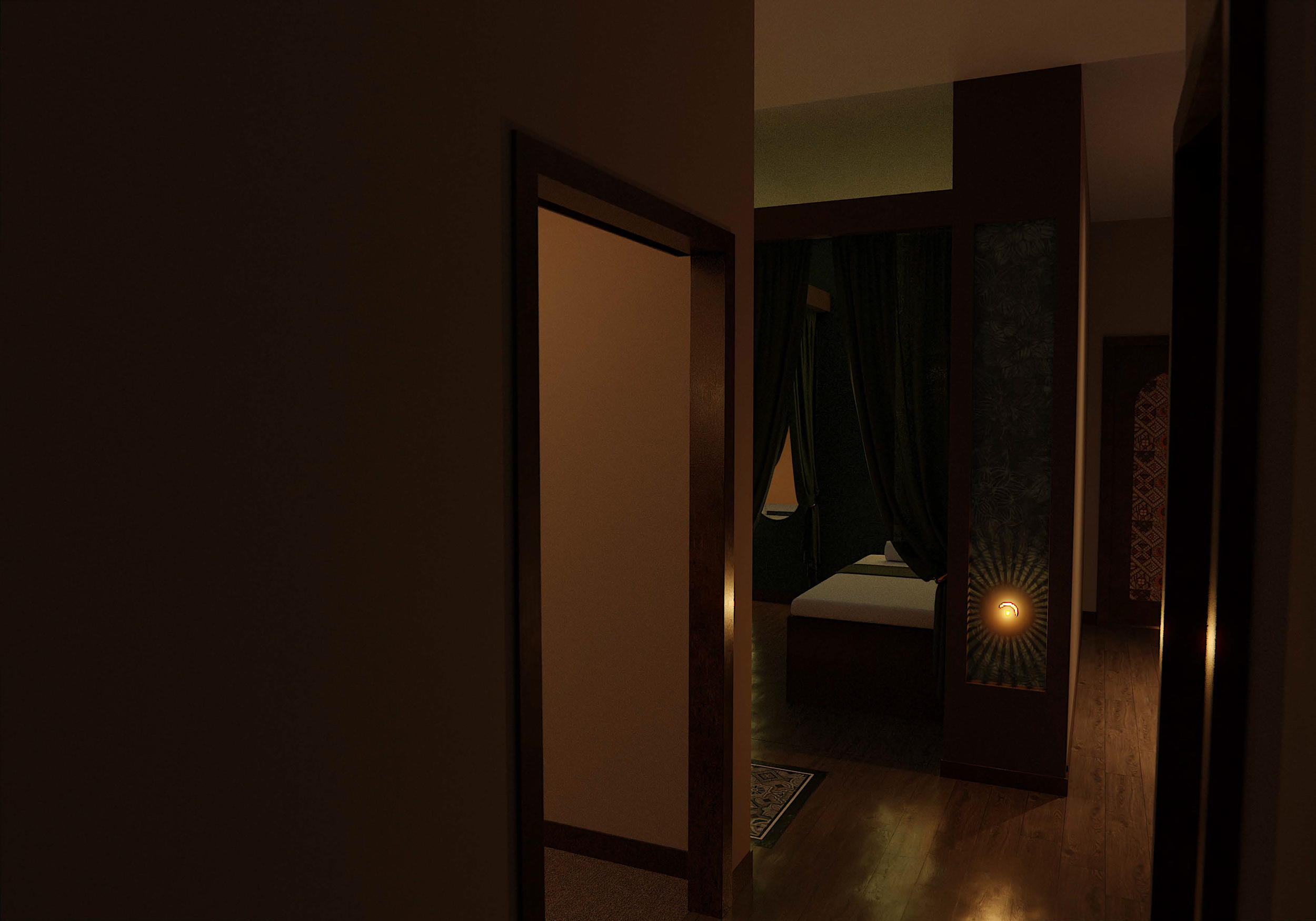 Dimly lit room with a bed, curtains, and soft lighting