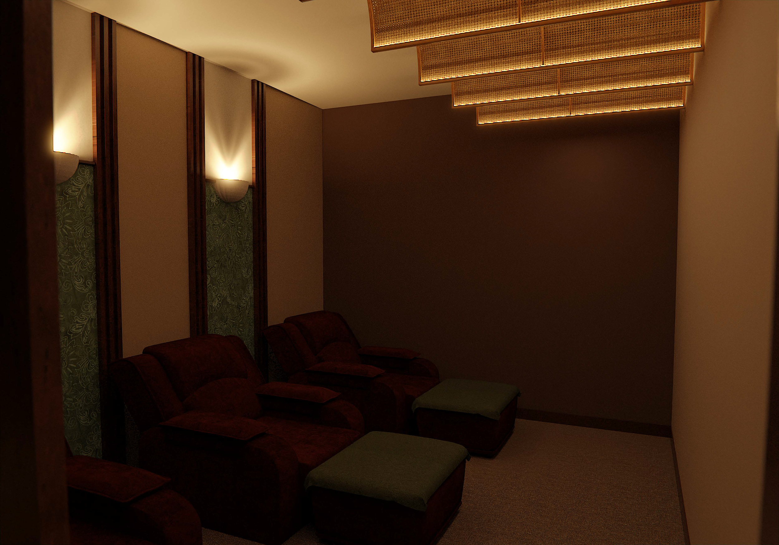 Cozy home theater room with reclining chairs, soft lighting, and decorative ceiling panels.