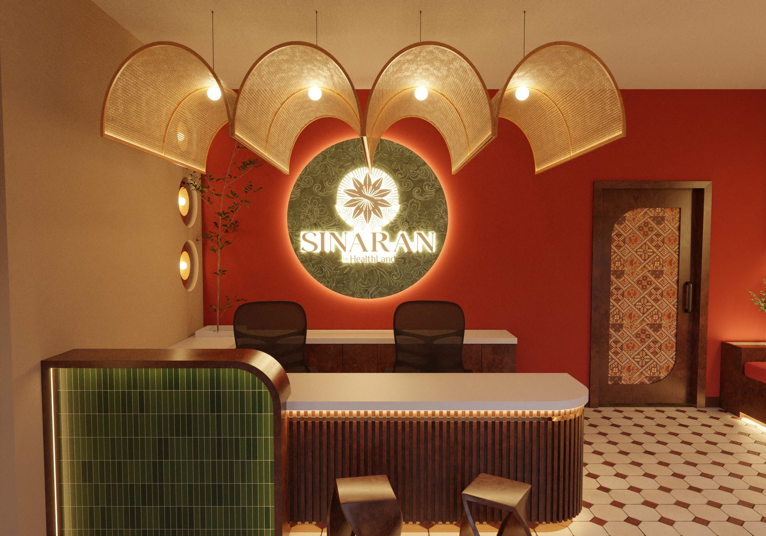 Reception area with modern furniture, decorative lights, geometric patterns, and a sign reading 'SINARAN' on a red wall.