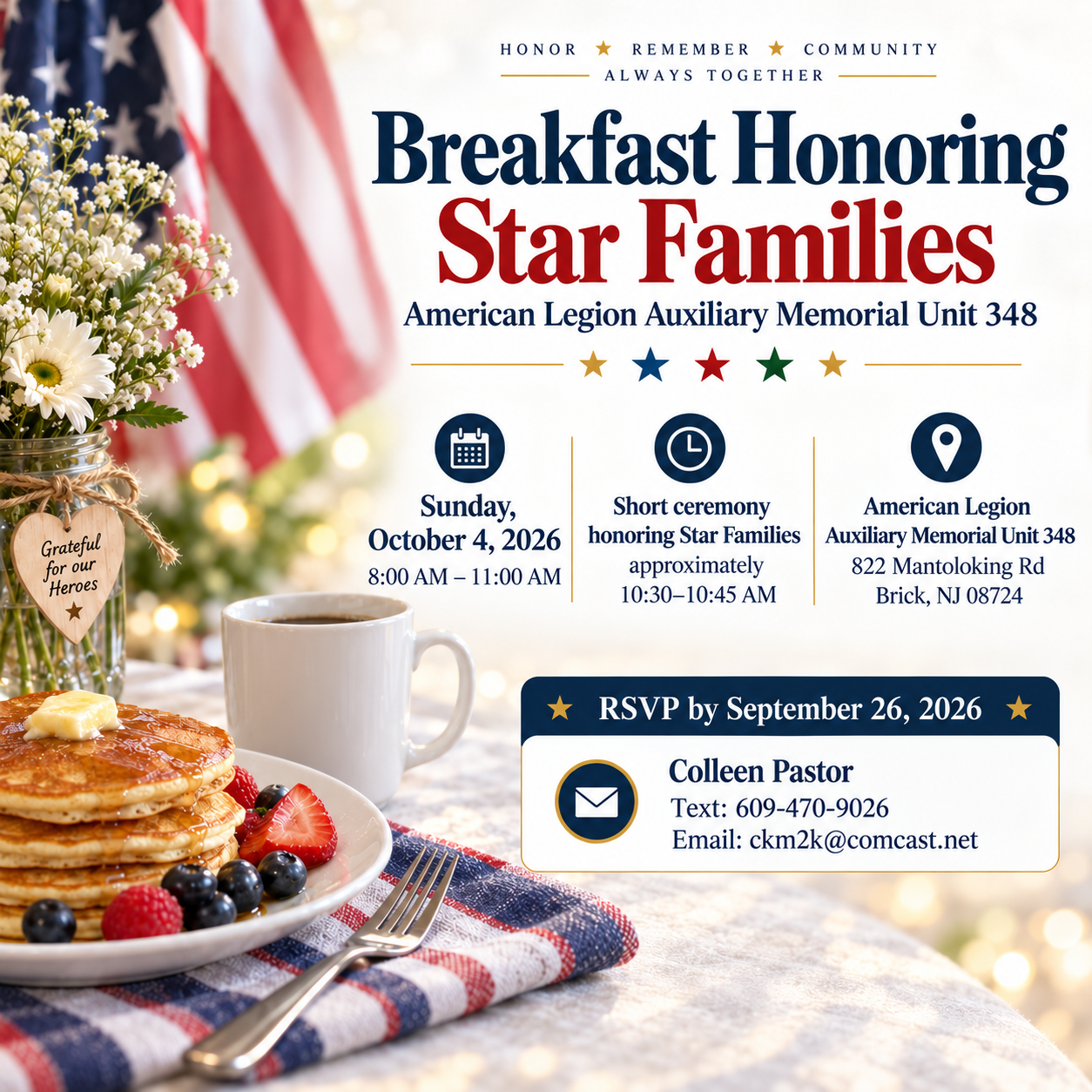 American Legion Auxiliary Memorial Unit 348 to Honor Star Families at Juniors Breakfast