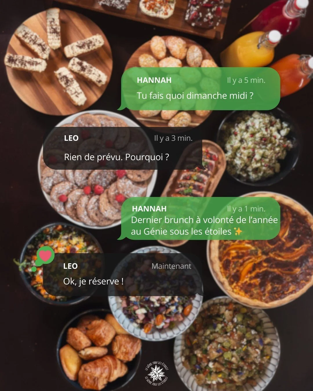 🥞 Dernier brunch de l&rsquo;ann&eacute;e ce dimanche !

Venez profiter d&rsquo;un brunch &agrave; volont&eacute; au G&eacute;nie sous les &eacute;toiles avant les f&ecirc;tes 🎄✨ Un moment gourmand et convivial &agrave; ne pas manquer !

💌 R&eacute