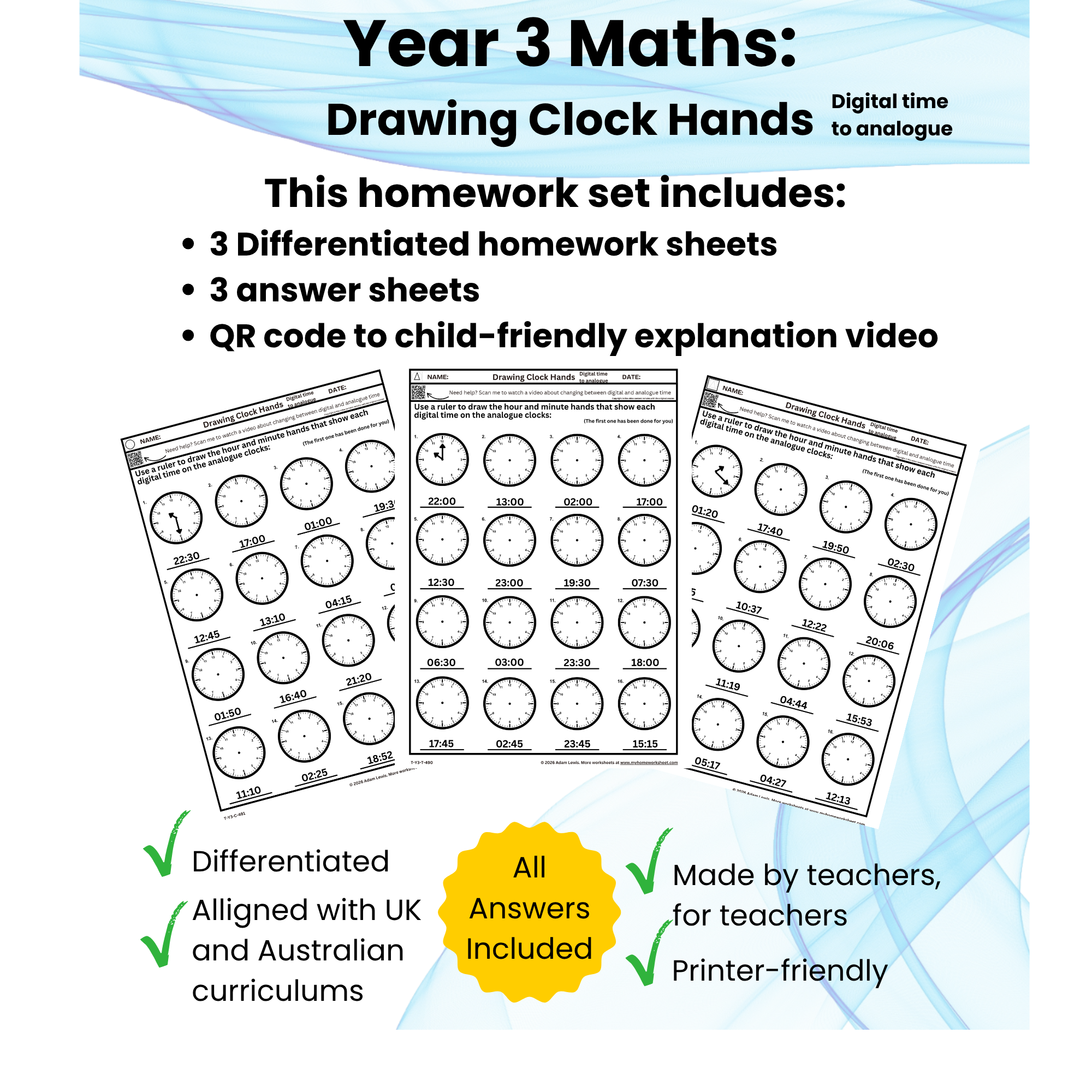 Year 3 Drawing Clock Hands Worksheets (490-492)